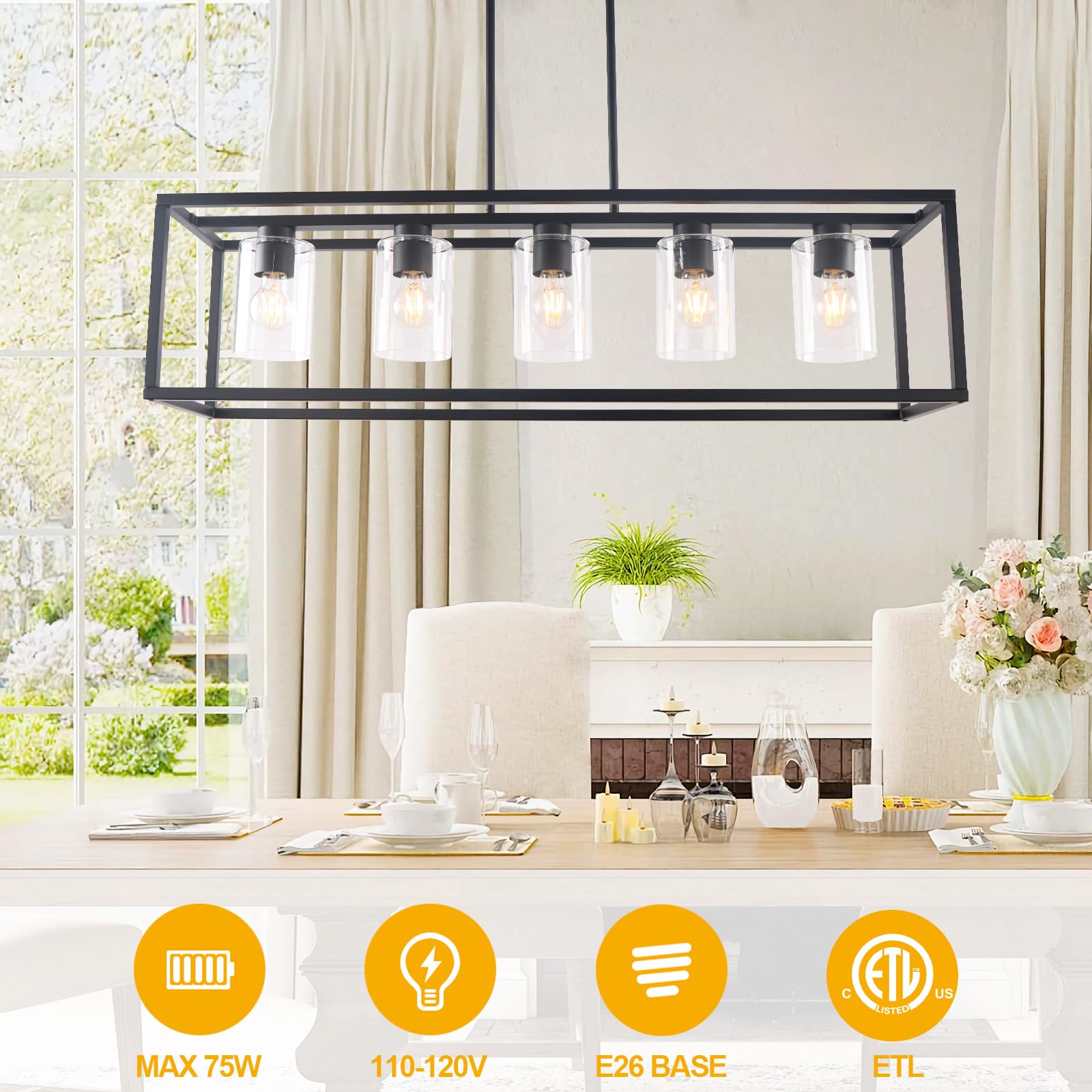 Kalium 5-Light Metal Chandelier – Modern Black Pendant Light Fixture for Dining Room, Kitchen, Bar, Coffee Shop