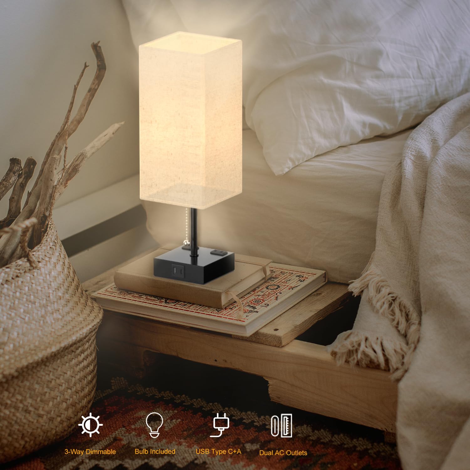 YIDPU Table Lamp - USB Charging Ports, Adjustable 3-Color LED Light, Linen White, 2PCS, Included Bulb, Perfect for Bedroom and Office Decor