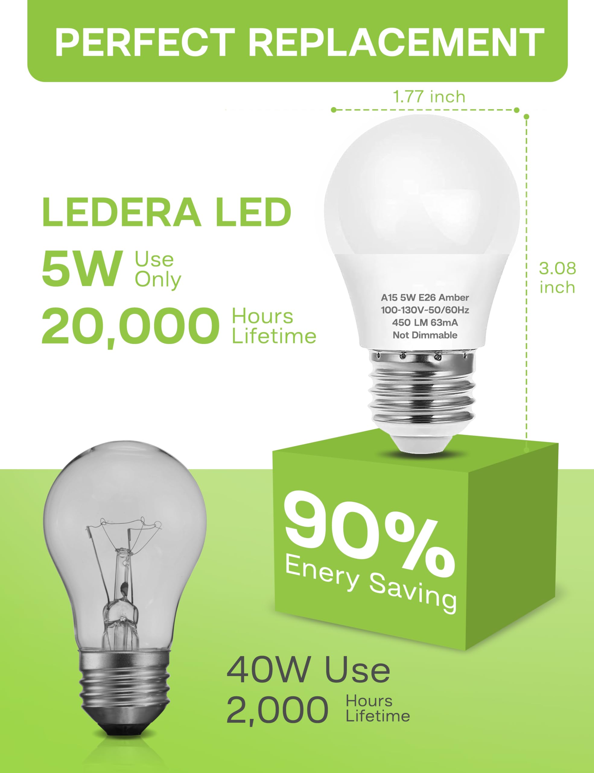 Led Amber Light Bulbs, 40W Equivalent A15 Led Bulb, 5W Energy Saving Yellow Bulbs, E26 Base, 2000K Amber Light For Porch, Patio,