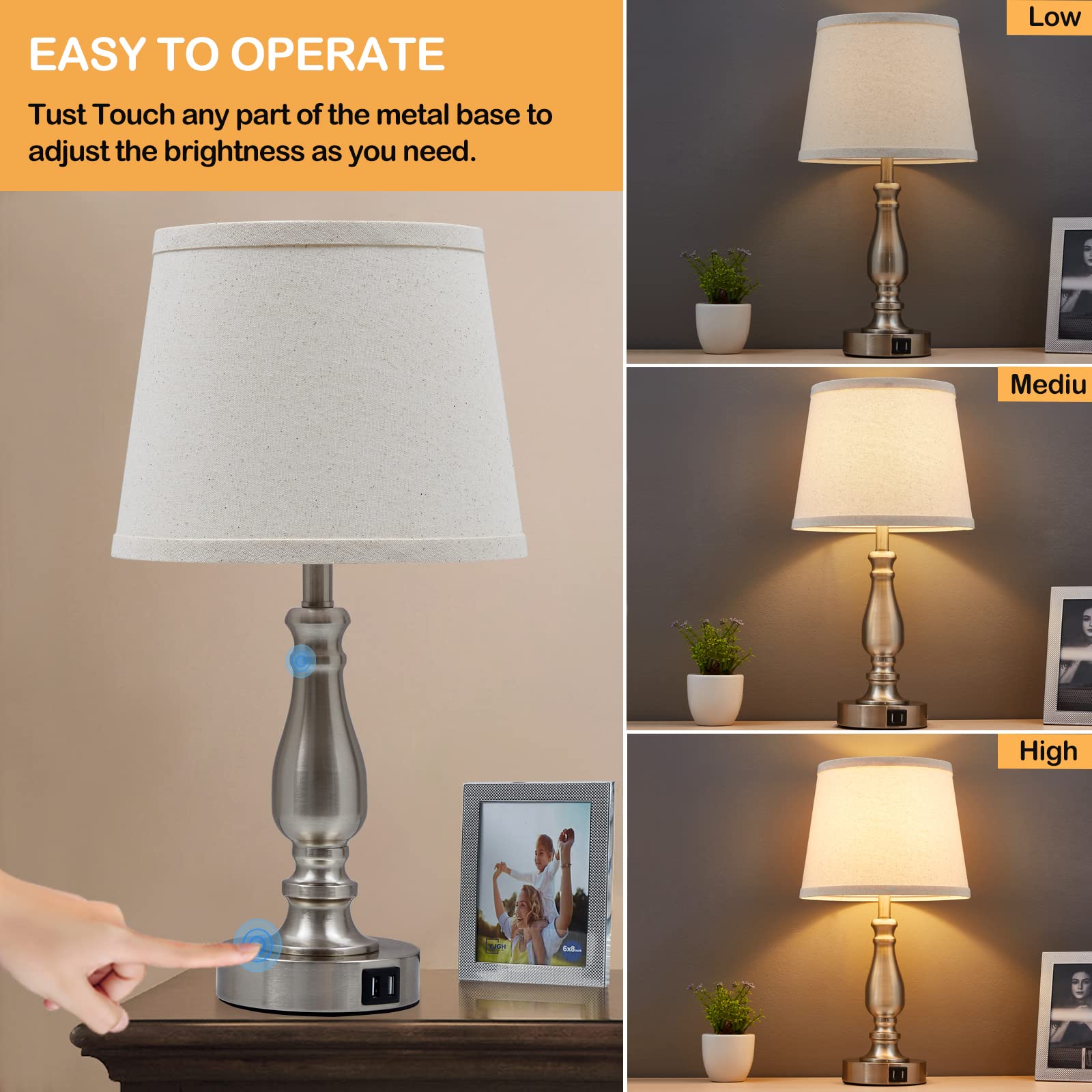 EJIAXIN Set of 2 Dimmable Bedside Lamps, Brushed Nickel with USB Ports, Fabric Shade, Model 98008, Ideal for Bedroom and Living Room