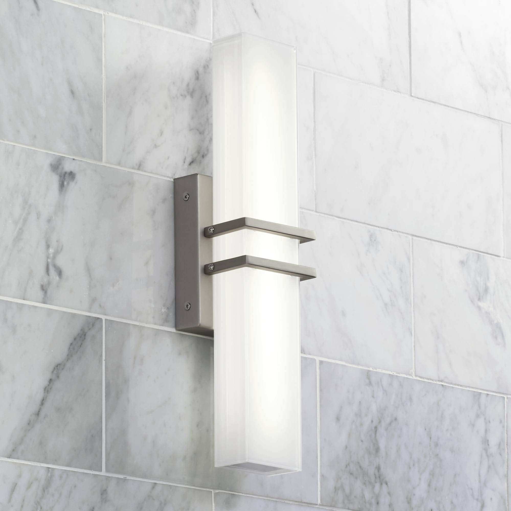 Possini Euro Design Wall Mount Light LED Rectangular 17in Wide Brushed Nickel Metal with Silk Screened Glass Shade Model 5T766