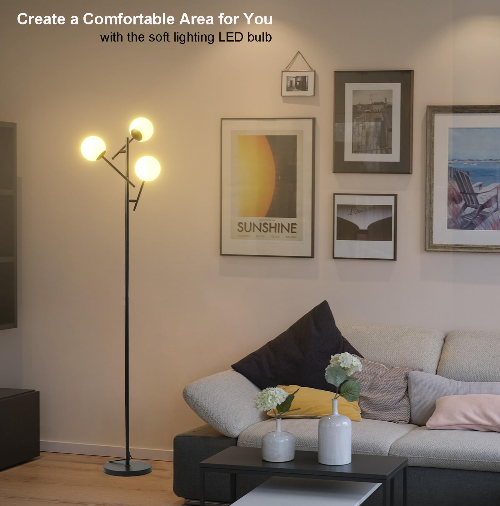 Fiqevs 3 Globe Mid Century Floor Lamp, Modern Standing Lamp With Rotatable Glass Shades And Led Bulbs, Vintage Sputnik Tree Tall