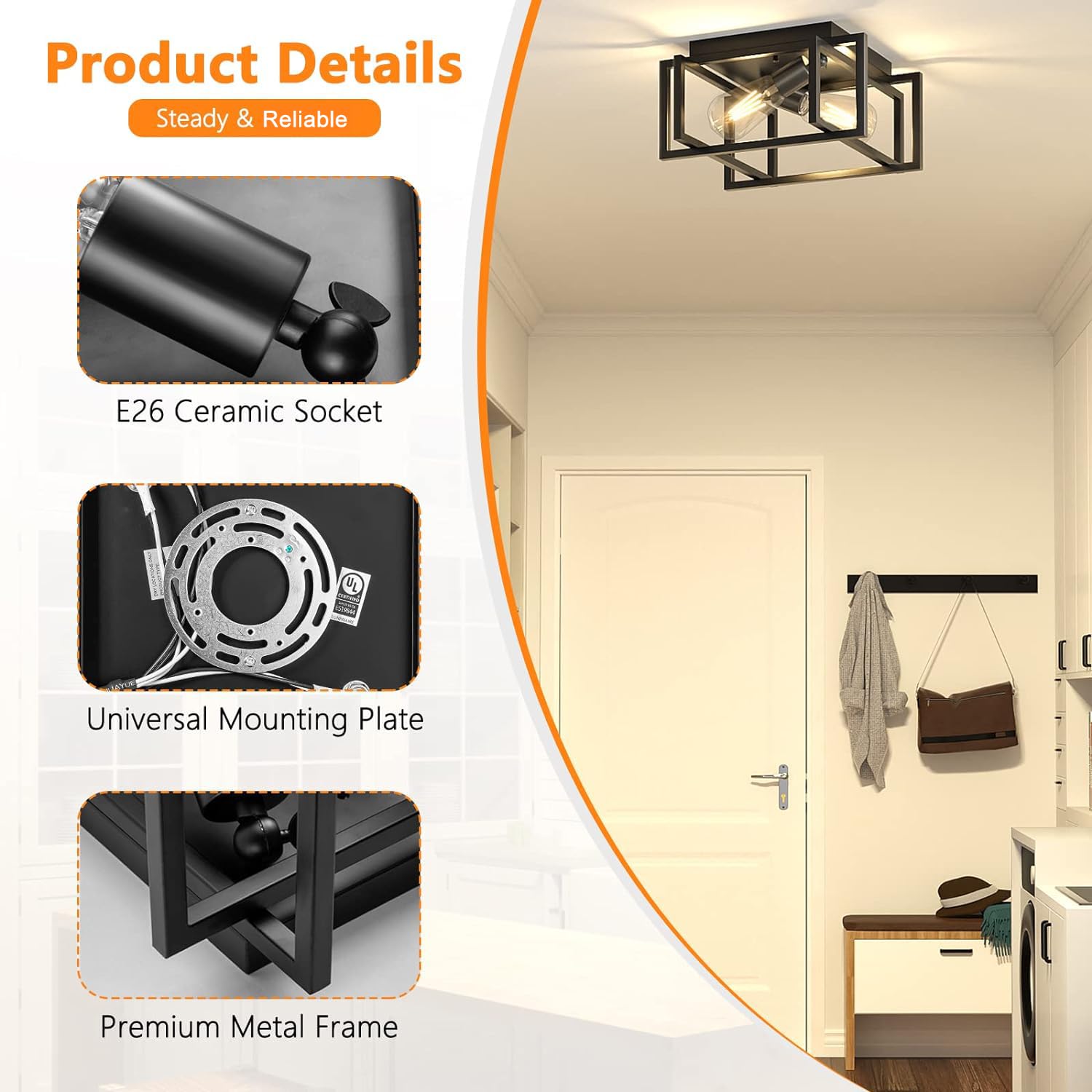 Feanron 2-Pack Industrial Black Metal Flush Mount Ceiling Light Fixture For Hallway & Kitchen