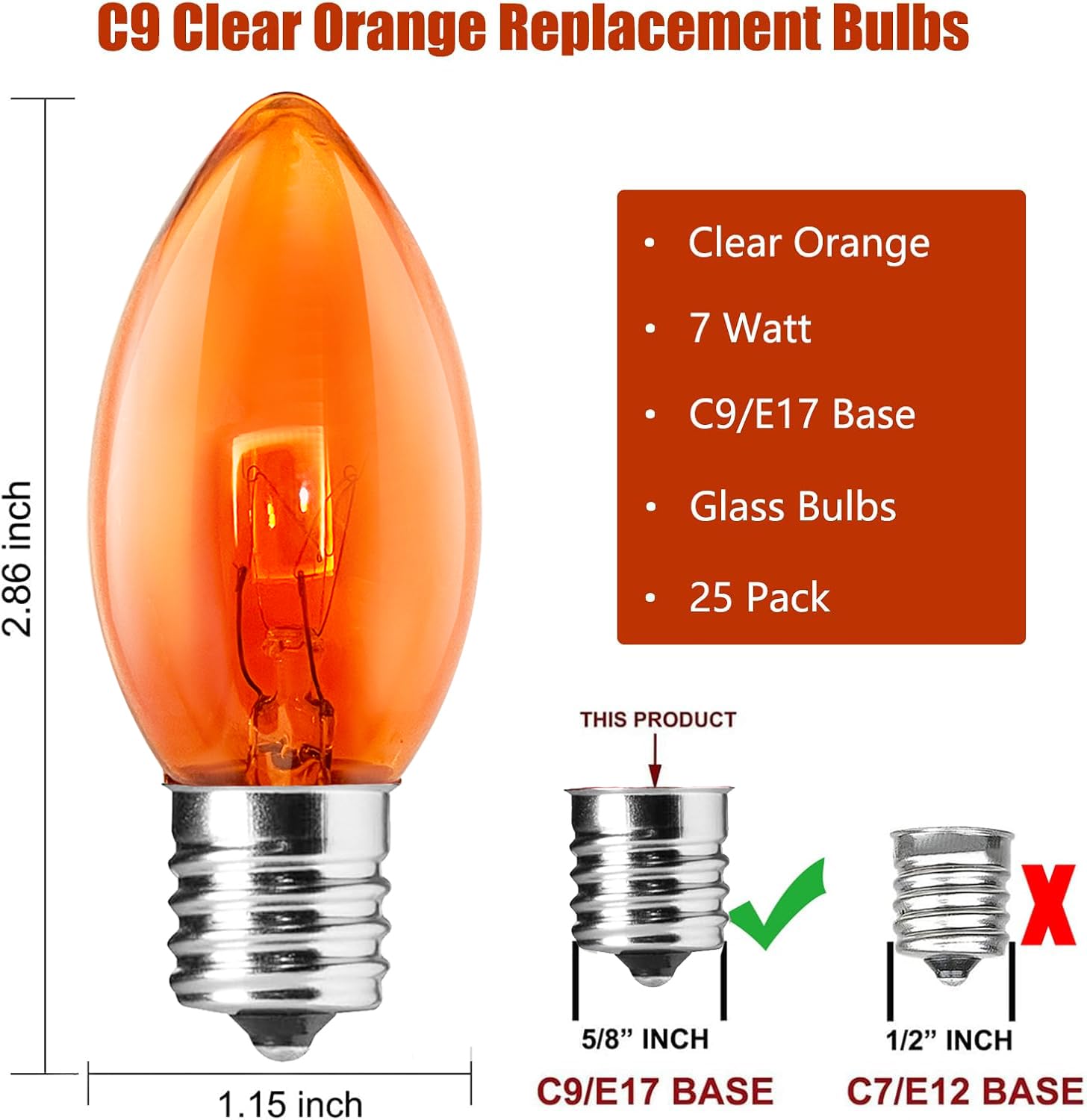 SUNSGNE C9 Orange Replacement Light Bulbs, E17 Base, 7 Watt, Clear Orange, 25 Pack for Halloween and Christmas Outdoor String Lights