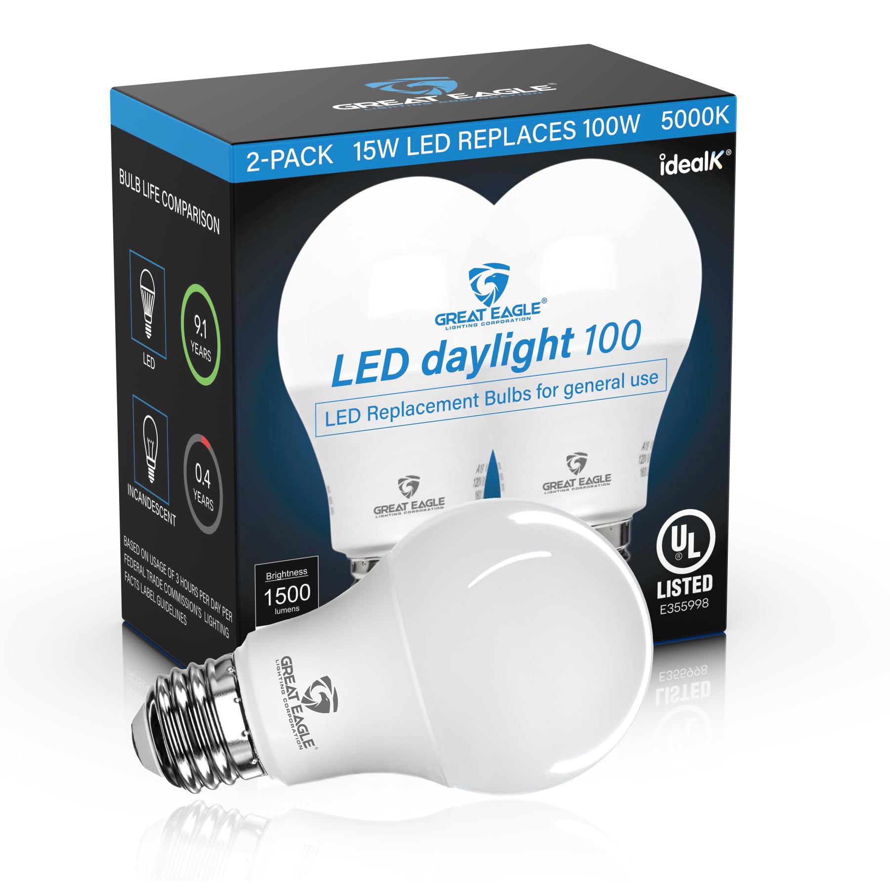 Great Eagle 100 Watt Light Bulb, A19 Led Light Bulbs 100 Watt Equivalent, Ul Listed 5000K Led Light Bulbs, Non-Dimmable Daylight