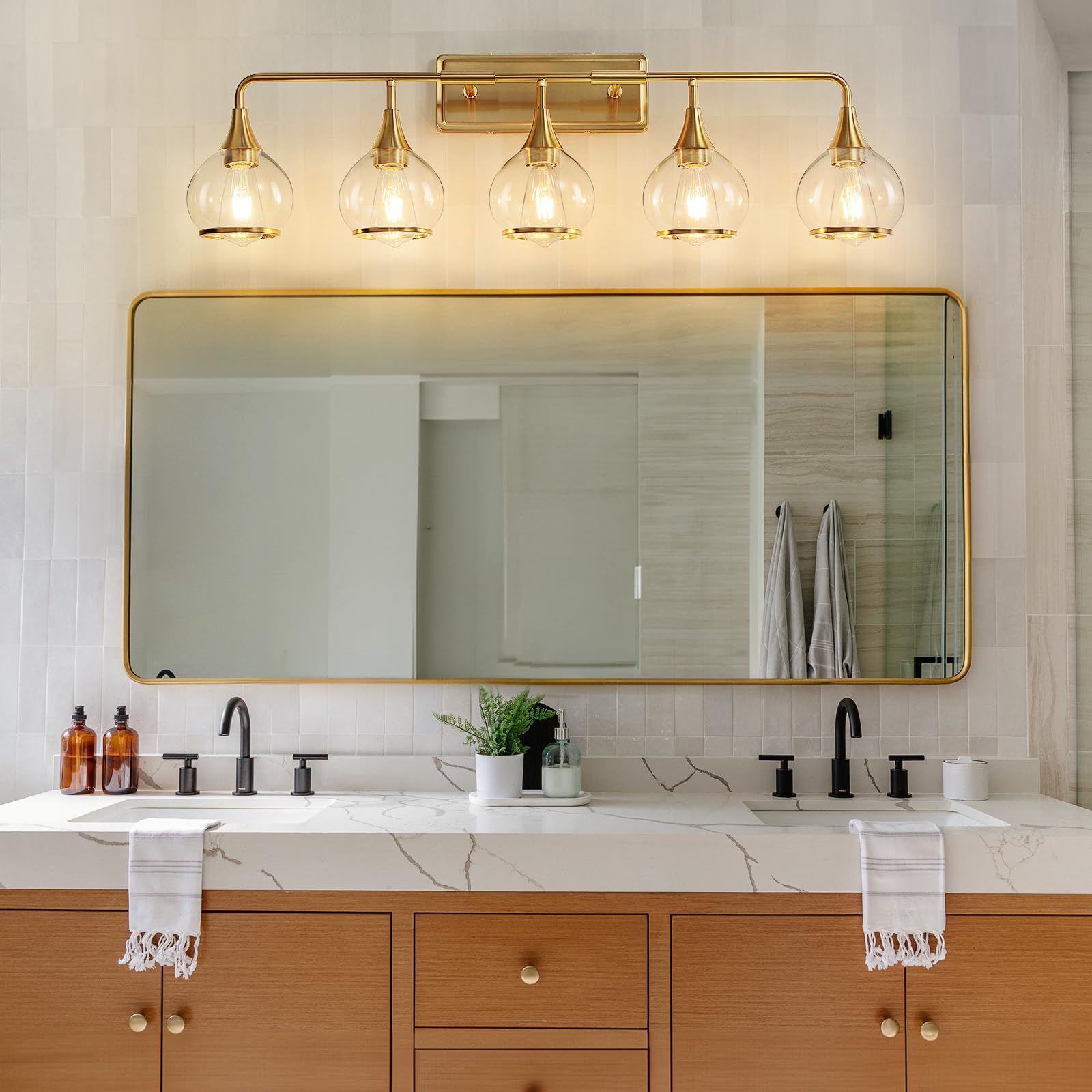 HAHZT Gold 5-Light Bathroom Vanity Light Fixture, 39.2" Wall Sconce with Clear Glass Shade, Model 8033ML