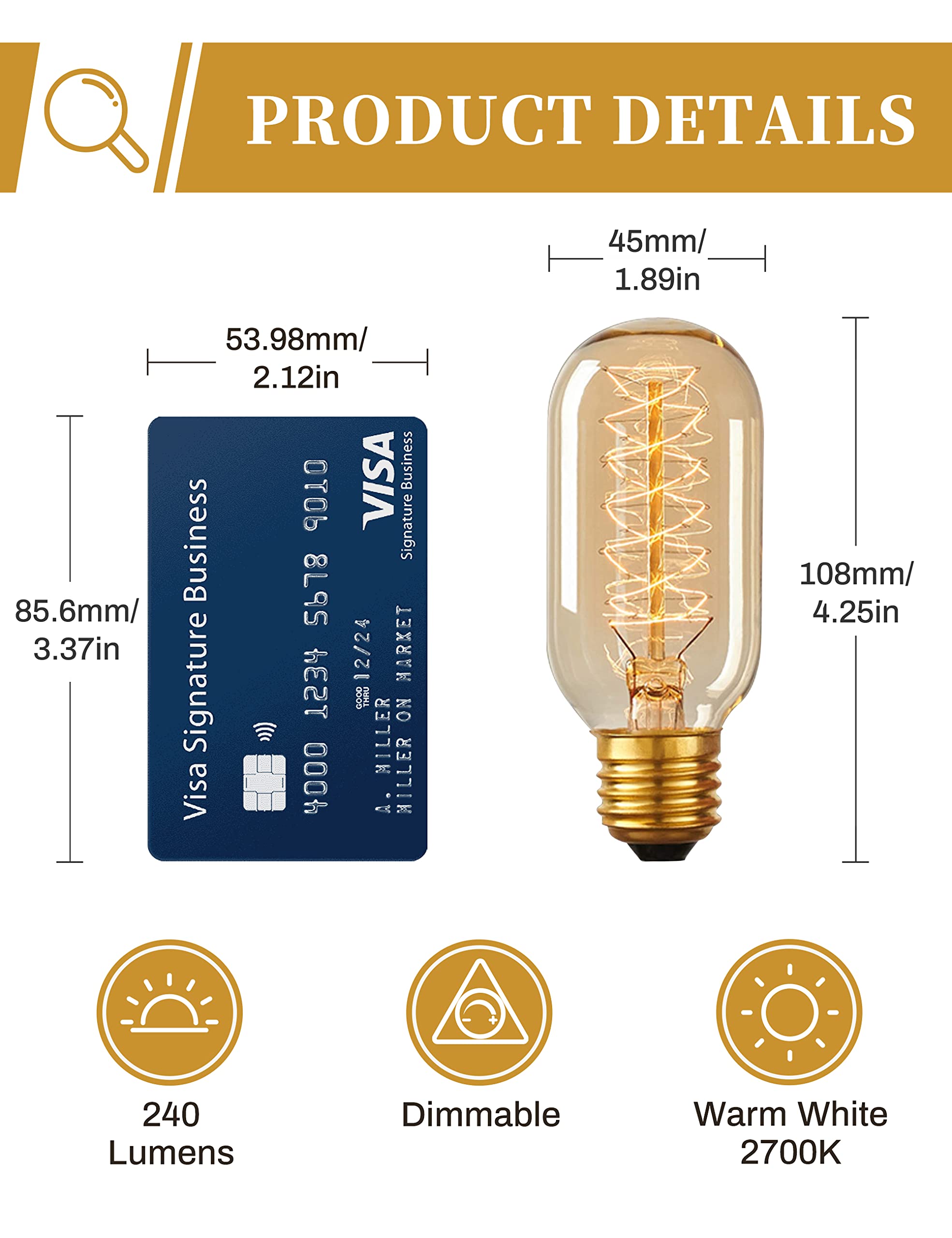 DORESshop Vintage Edison Bulbs, 40W Dimmable Glass Filament, 4 Pack, 2700K Amber White, E26/E27 Base, Model DWS001RW40
