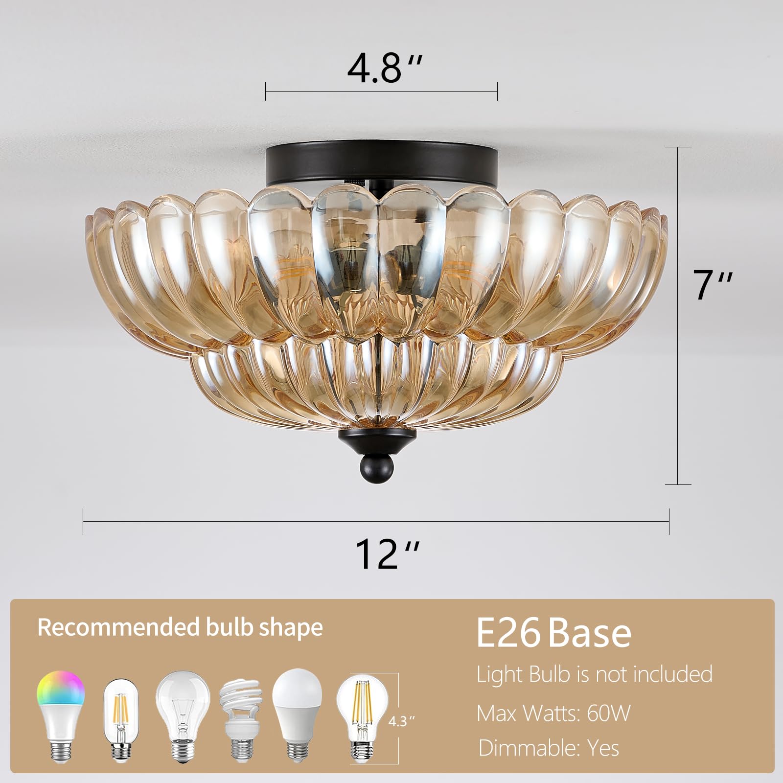 Modern Black Ceiling Light Fixture, 12'' Amber Glass Flush Mount Chandeliers, Semi Flush Mount Ceiling Light Fixture Suitable Fo