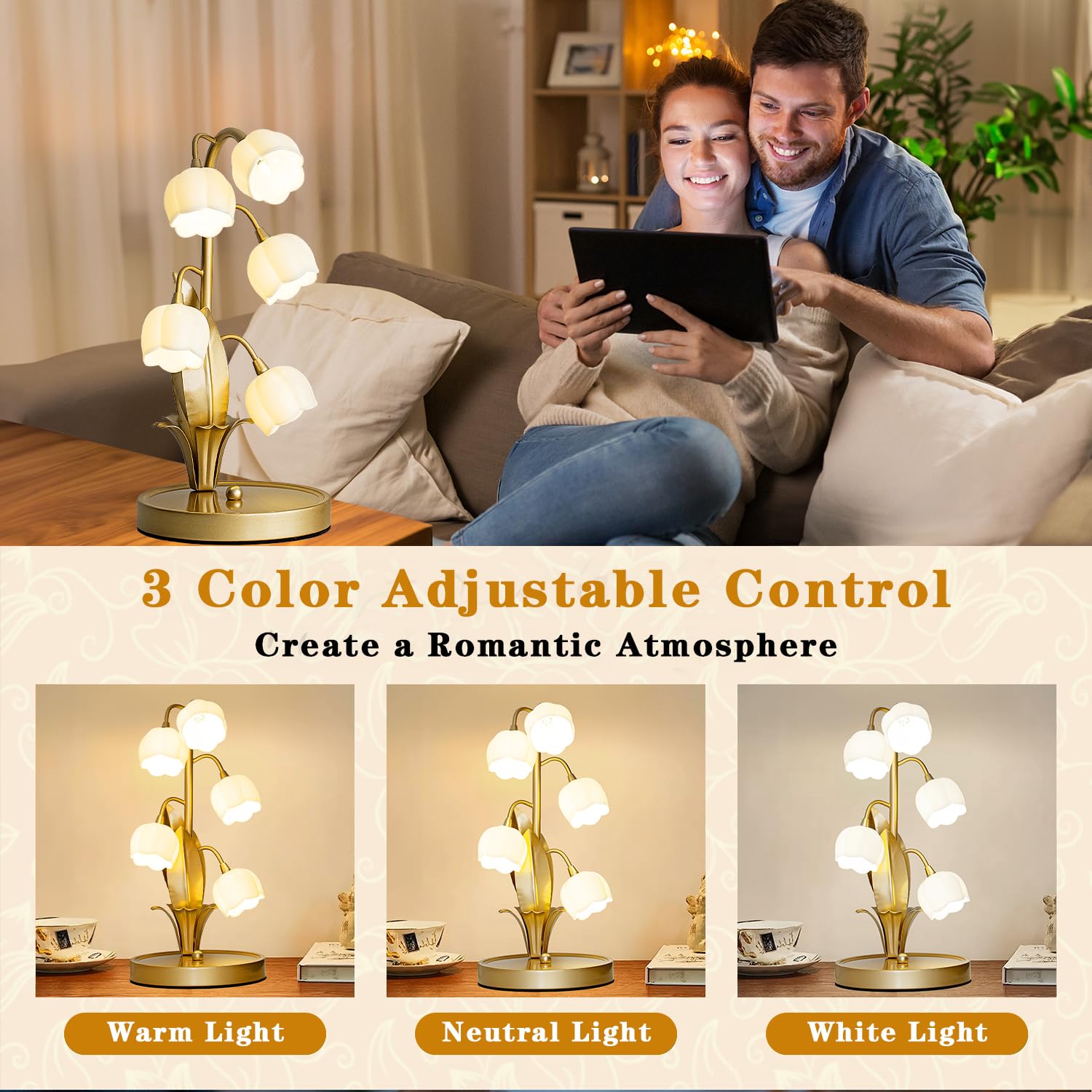 WERFOP Flower Table Lamp - Lily of The Valley, Gold, Medium, 3 Color Modes, Vintage Decor for Bedroom & Dorm