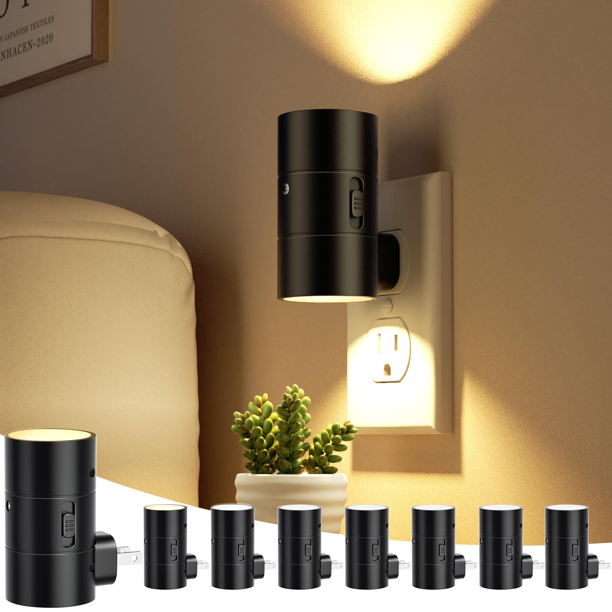 JOFIOS Night Lights Plug Into Wall 3 Color Temperatures LED Night Light Plug in Dusk to Dawn Sensor 0-100LM Adjustable Brightness Dimmable Night Lights for Hallway Bathroom Stair Bedroom 8 Pack