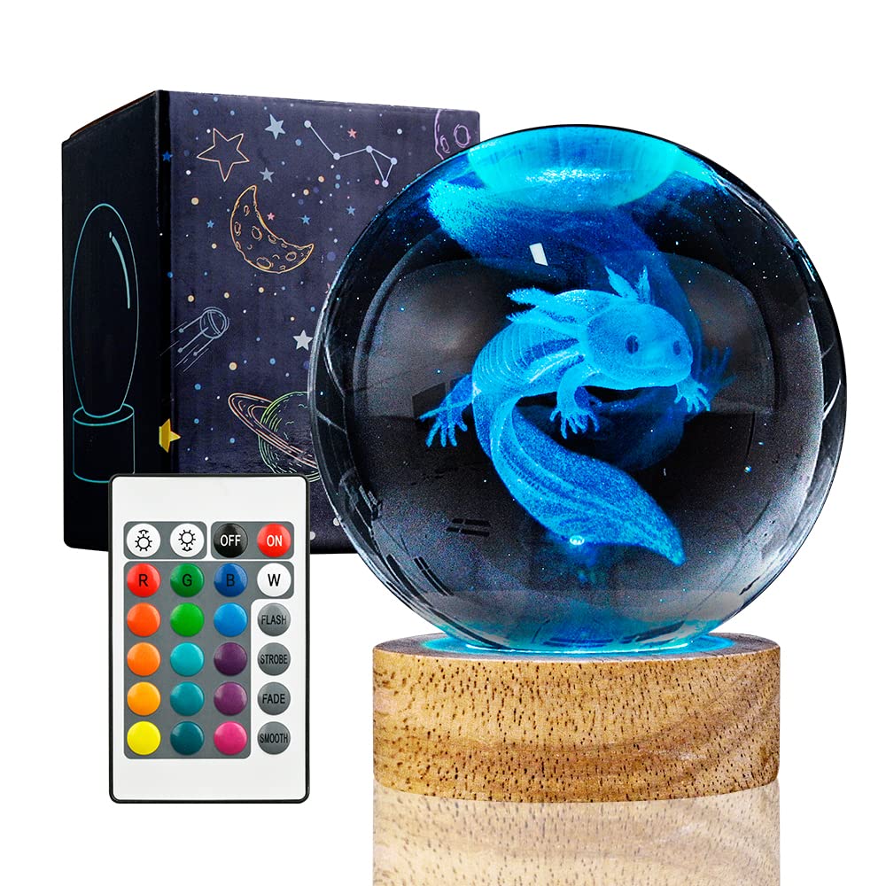 YYLZEPHB 3D Axolotl Crystal Ball Night Light with 16 Color LED Wooden Base, Upgraded 3.15 Inch Axolotl Glass Ball Lamp with Remo