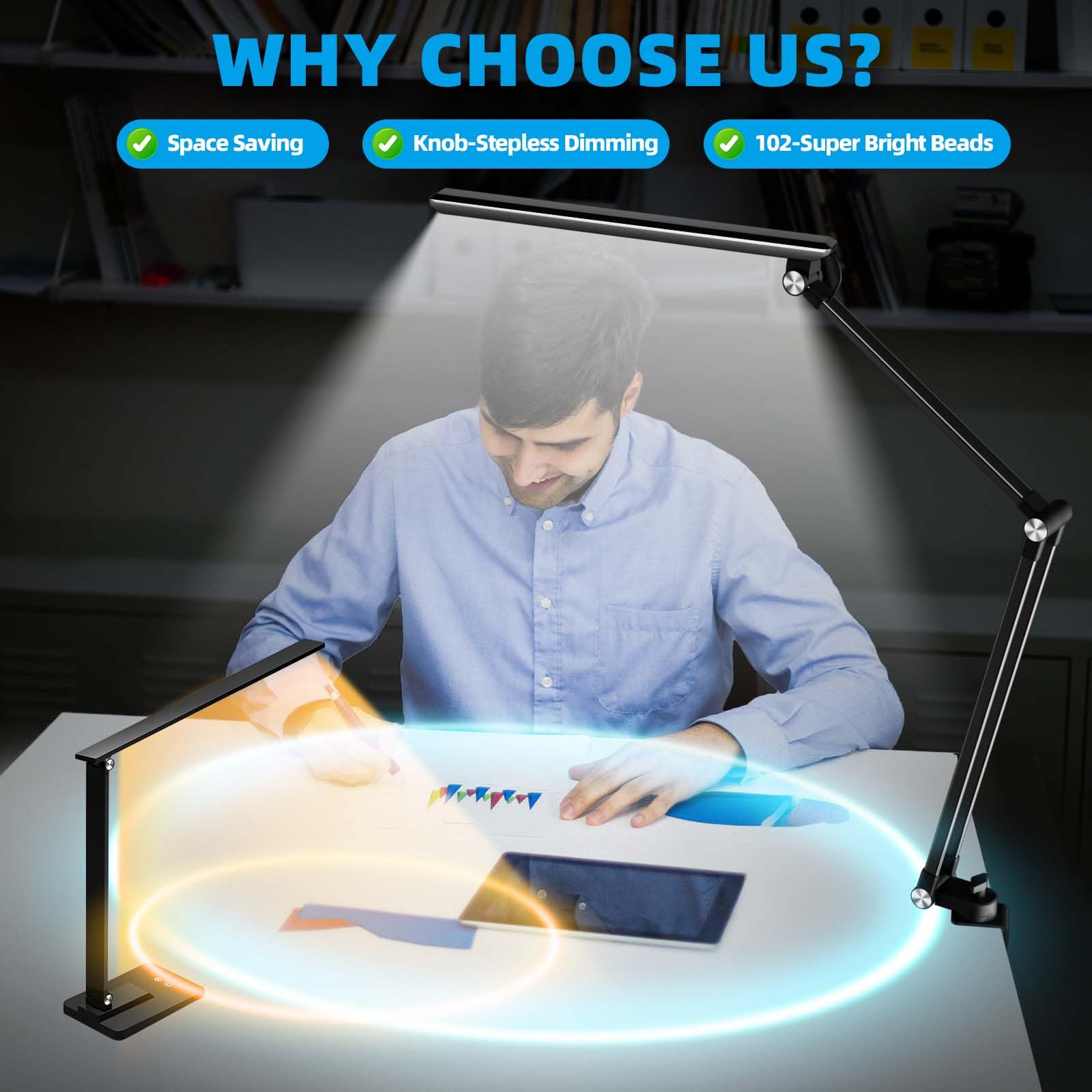 Reifeiniwei Desk Lamp with Clamp for Home Office,Knob Stepless Adjusts Brightness&8 Color Eye Caring LED Work Light,Clip on Tabl