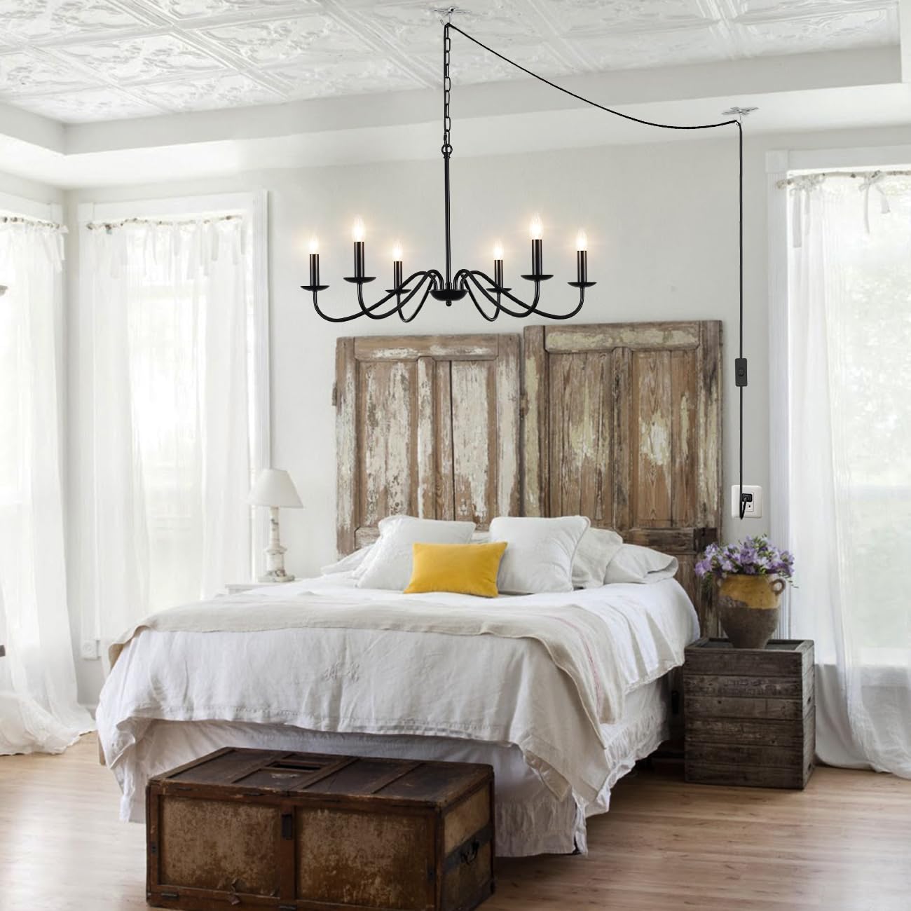 LASENCHOO Plug in Chandelier, 6 Lights Black Pendant Light with 15.1ft Cord & Switch, Farmhouse Style for Dining Room & Entryway