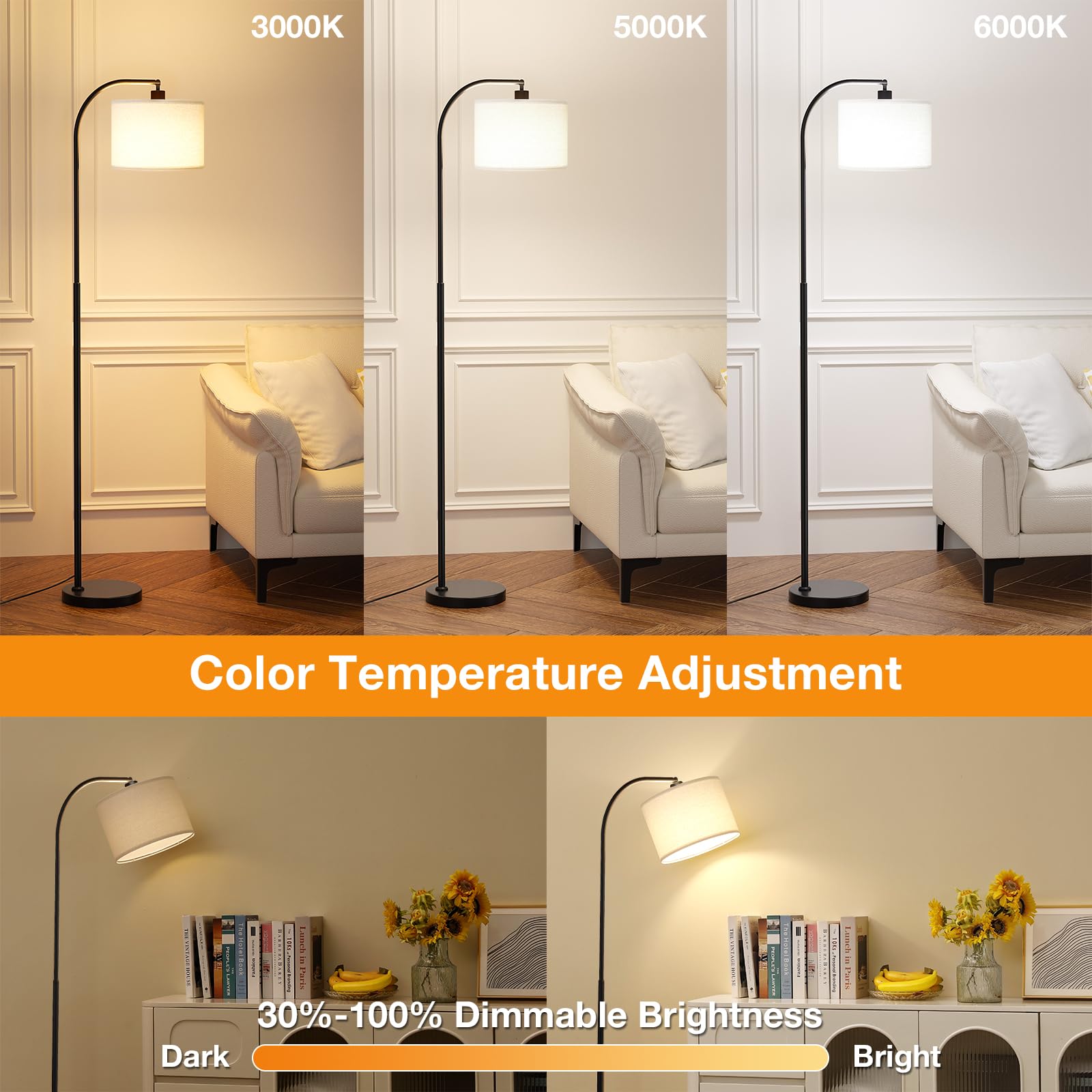 Ambimall Arc Floor Lamp With Remote And Stepless Dimmable Bulb, Colors Temperature & Brightness Adjustable, Black Floor Lamps Fo