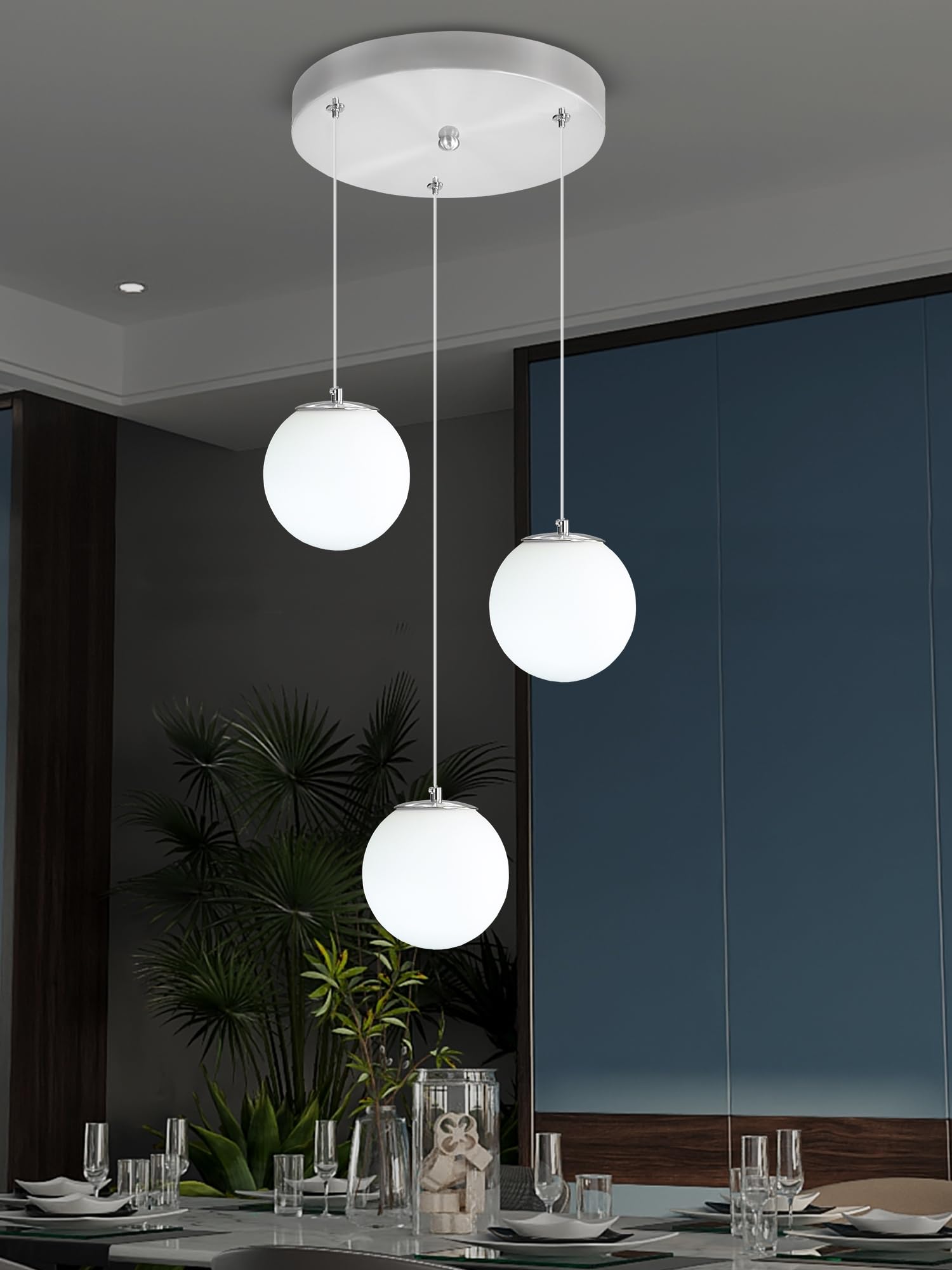 ykolupty 3-Light Silver Chandelier with White Globe Glass Dimmable Ceiling Light Glass Pendant Light for Kitchen Island, Dining 