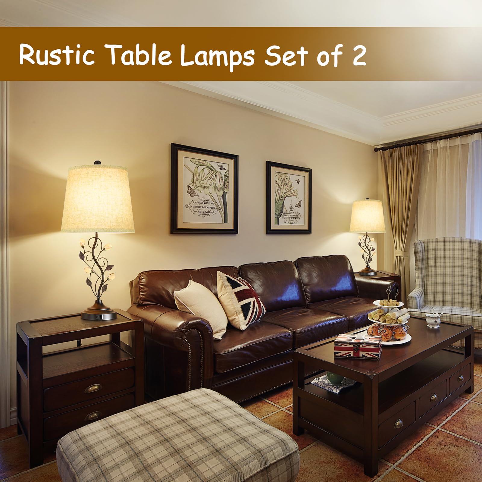 Sheetea Rustic Farmhouse Table Lamps Set of 2, Black Metal with USB Charging Ports, 24.5in, Traditional Design for Living Room & Bedroom