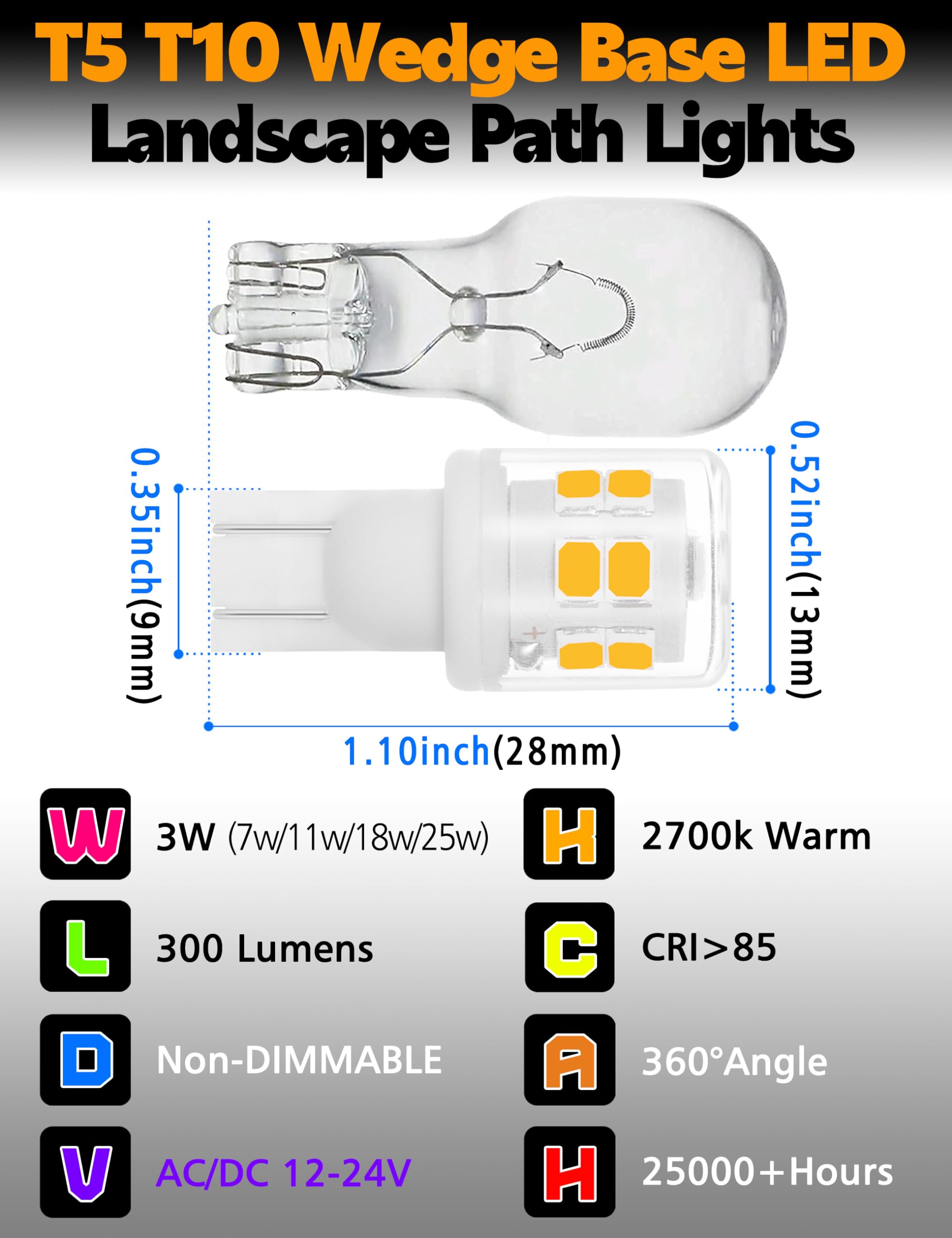 Xyanmc T5 T10 Wedge Base Landscape Led Light Bulb 12-24V, 7W 11W 18W 25W 30W Equivalent, T10 Led 3W 2700K Warm White For Interio
