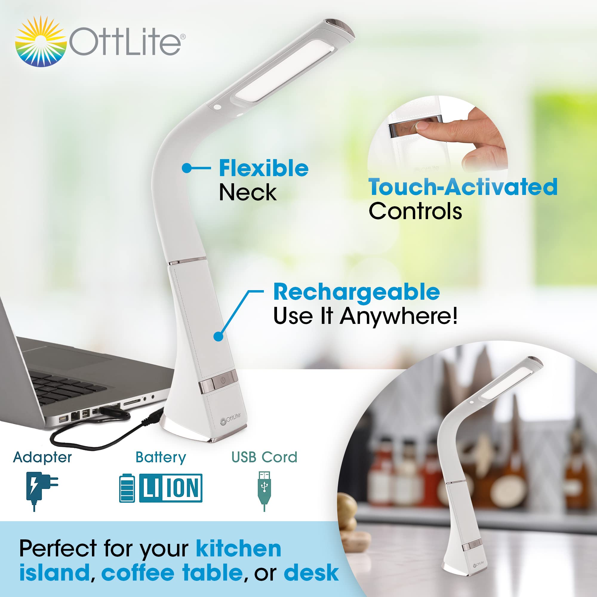 OttLite Recharge LED Desk Lamp - Dimmable, Flexible Gooseneck, Small, White, Model CS59089SHPR