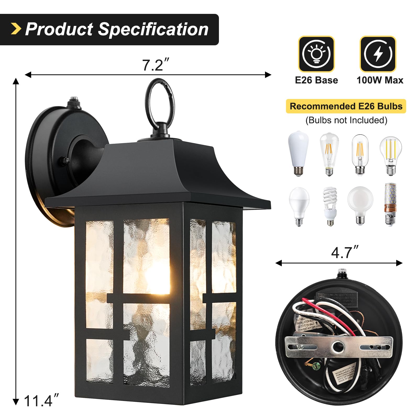 OKELI Outdoor Wall Lights, Waterproof Lantern with Water Ripple Glass Shade, 11.4in, Black, Model SWL-OK100, 1 Pack