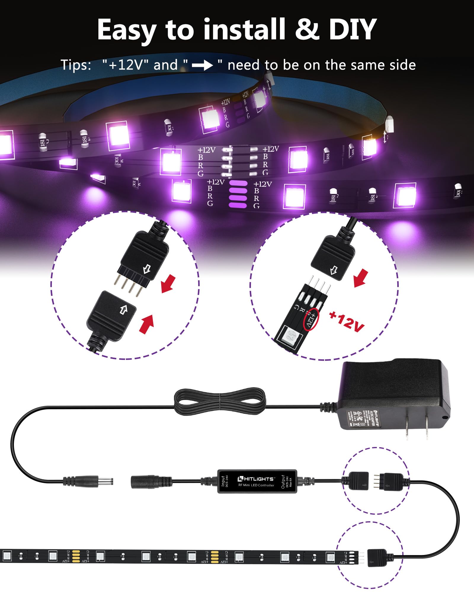 HitLights LED Strip Lights Kit, 3 Pcs 1.64FT RGB Dimmable, 5050 Material, Multicolor with RF Remote & UL-Listed Adapter