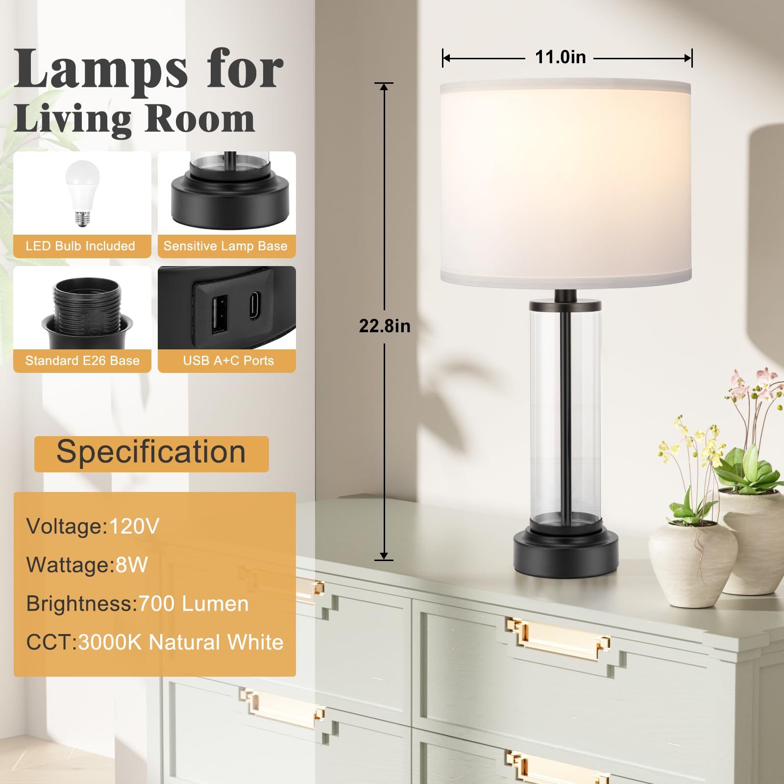 Black Bedroom Lamps Set Of 2 - Touch Bedside Lamp For Night Stands With Usb C+A, 3 Way Dimmable Nightstand Table Lamps For Livin