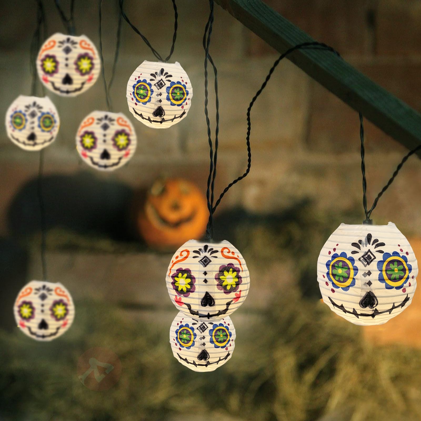 Abeja Halloween Lantern String Lights, 8.5FT, Grimace Nylon, 10 Mini LED Bulbs, Connectable Decor