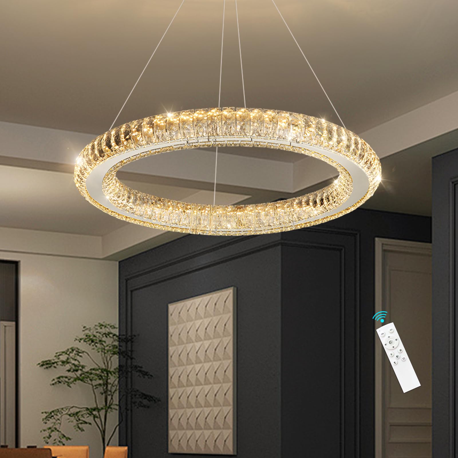 HAIXIANG LED Chandelier Modern Dimmable Dining Room Chanderliers Entryway Crystal Ring Pendant Lights for Kitchen Bedroom Living Room Silver Light