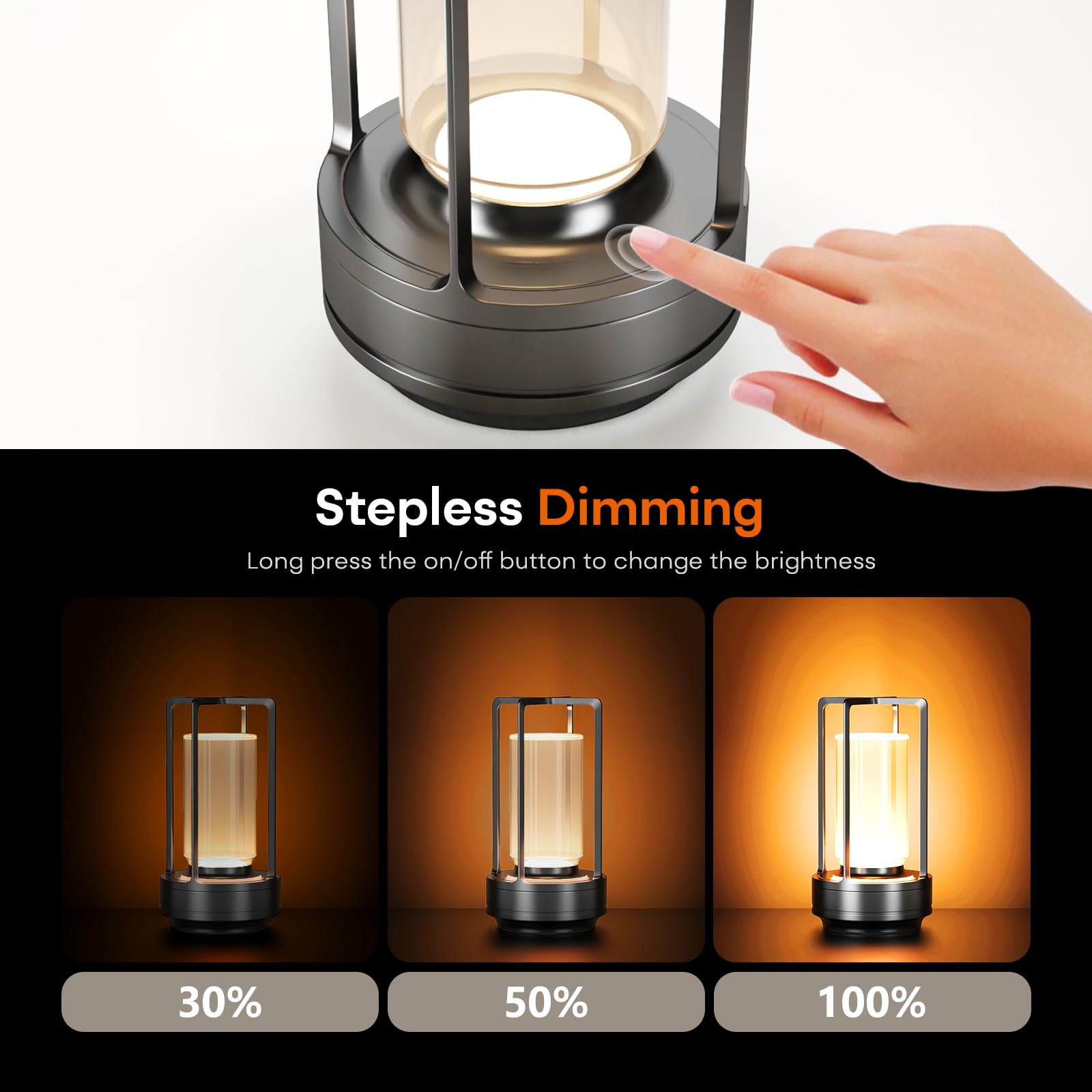 HAPYGI Portable Metal Table Lamp, Rechargeable LED, 3-Colour Dimming, Battery Powered, Grey Set of 2
