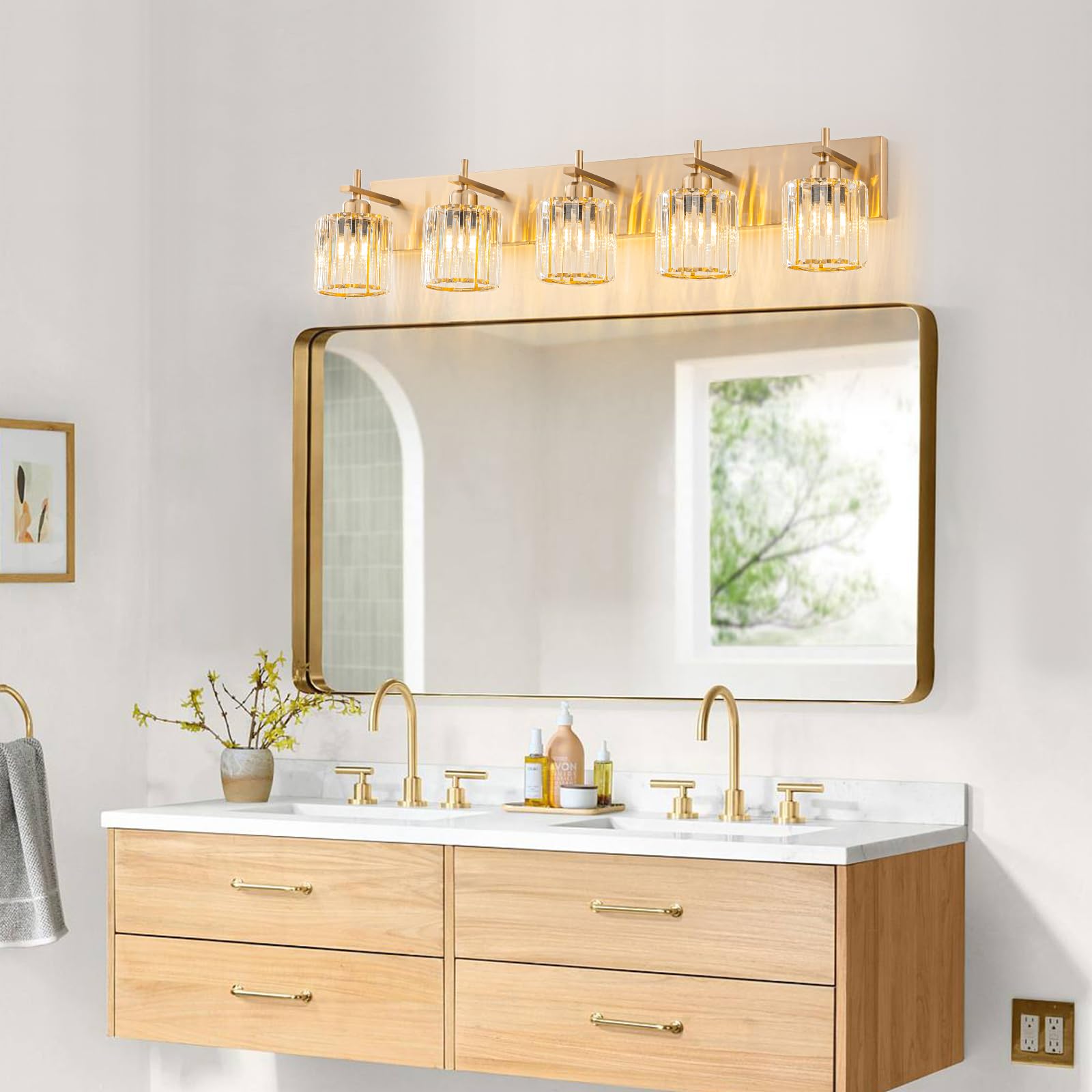 HUOKU 5-Light Modern Crystal Bathroom Vanity Lights, Gold Polished Brass Finish, Metal and Crystal, Over Mirror Lighting