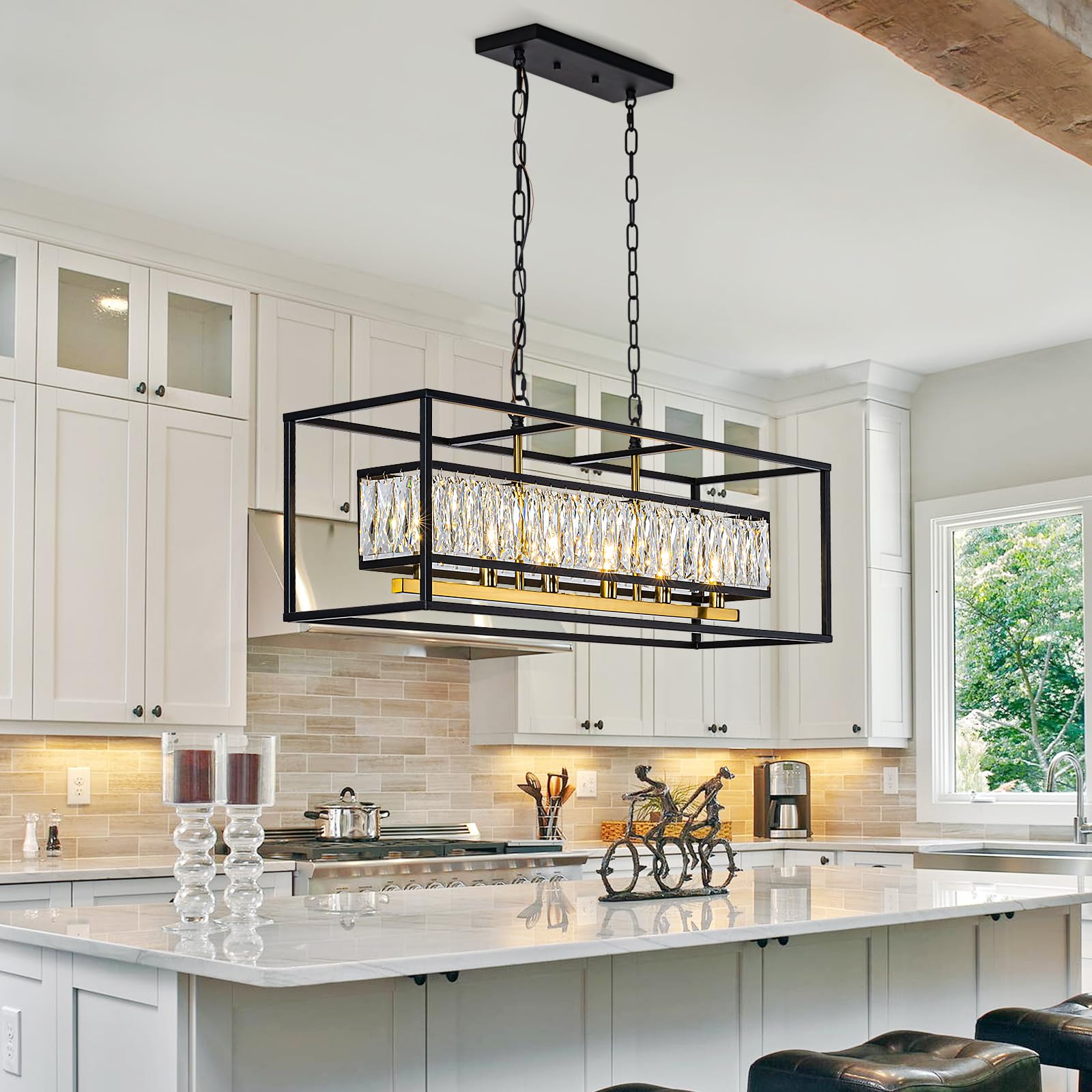 Vezzio Modern Farmhouse 6-Light Crystal Chandelier, Black & Satin Brass, Rectangular Pendant Light for Dining Room and Kitchen Island