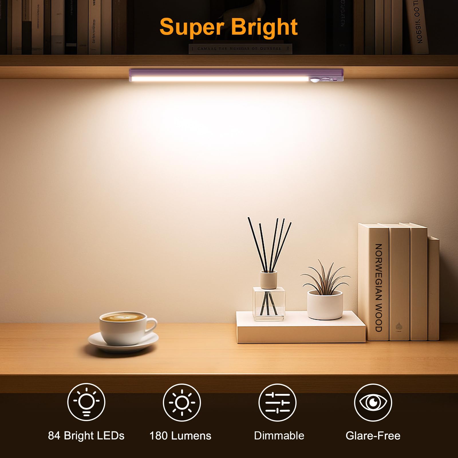 Gritin Under Cabinet Lighting - 84 LED, Rechargeable, 3-Color, Motion Sensor, 10.2 Inch, Mauve, Model G1358, 2 Pack