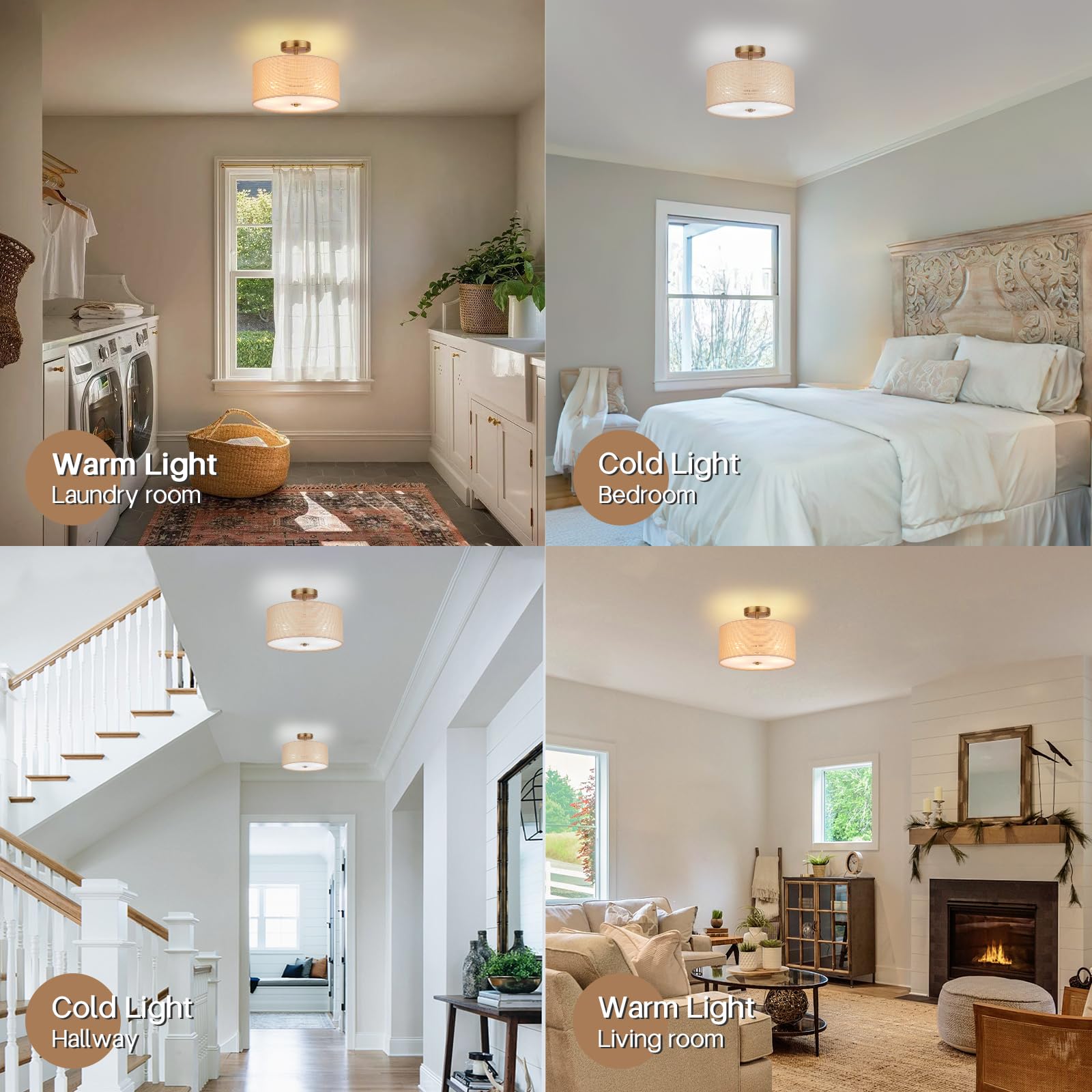 Clarsyne 13 Boho Woven Rattan Ceiling Light Fixture  3-Light Semi Flush Mount Modern Drum Lamp With Beige Fabric Shade  Rustic Lighting For Bedroom  Living Room  Dining Room  Hallway And Entryway