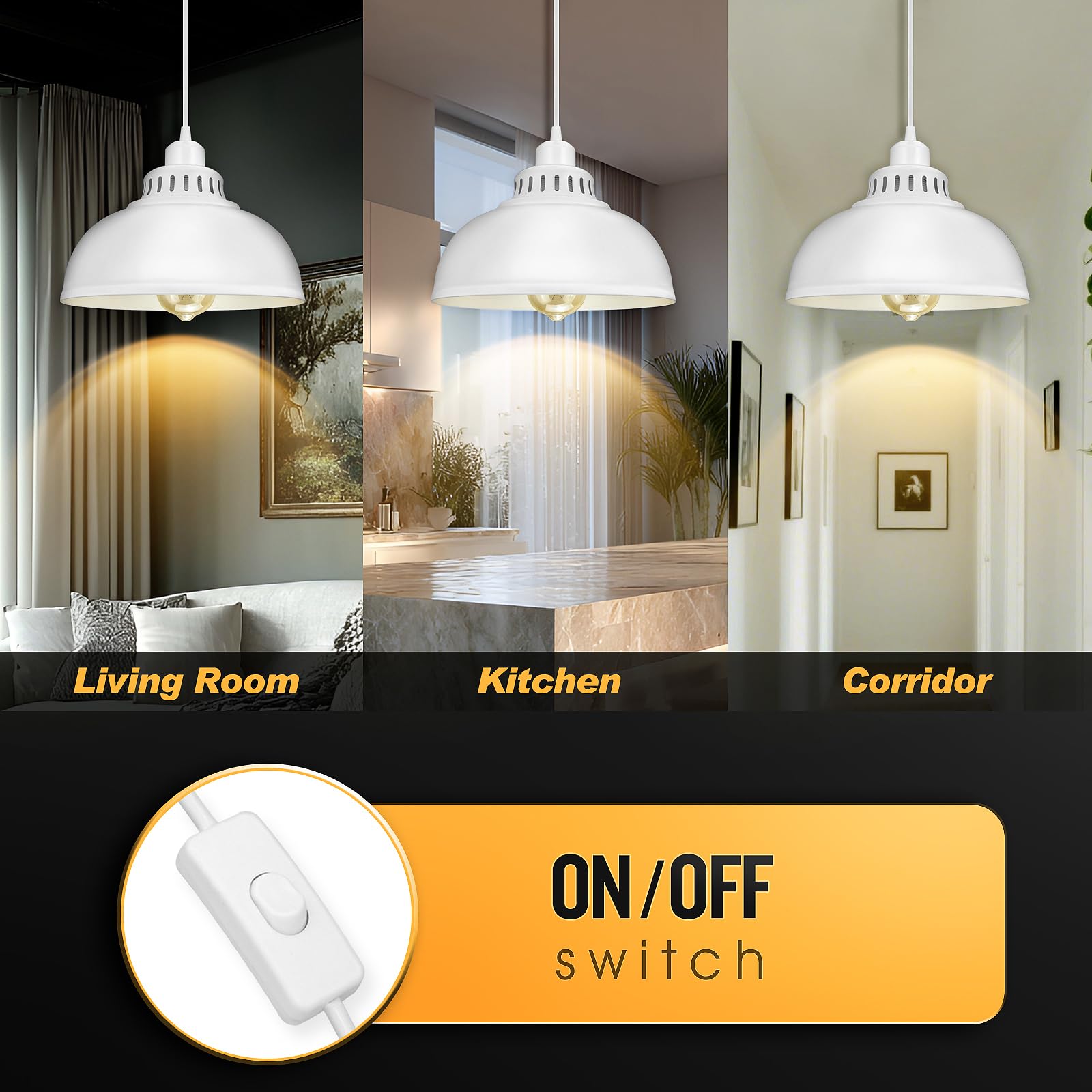 SoodMi Plug-in Pendant Light - 15FT Industrial Metal Hanging Lamp, Big White, with On/Off Switch, Model PLDG-0015 for Living Room & Kitchen