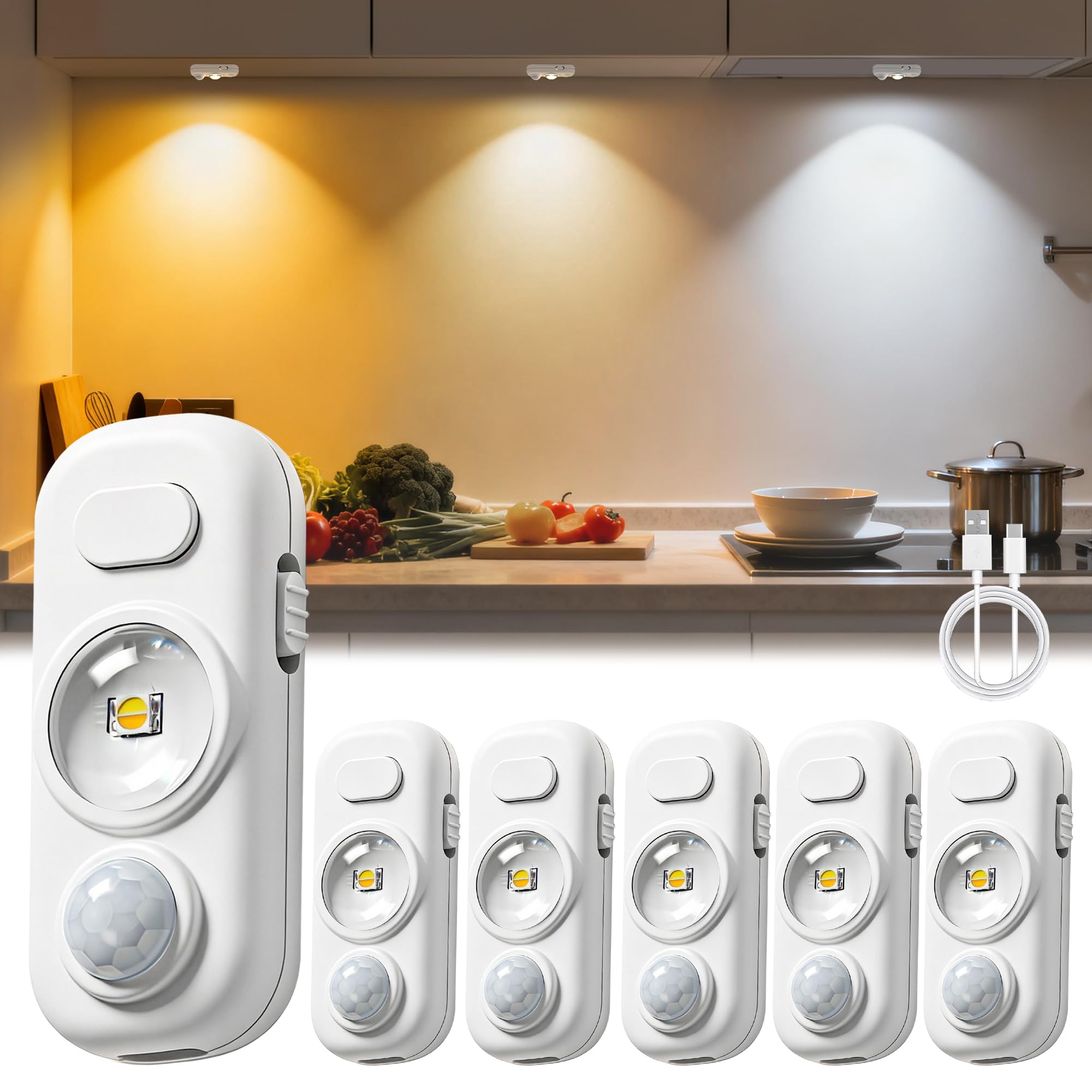 LOHAS 6-Pack Mini Rechargeable Motion Sensor LED Puck Lights, Stick-On Wireless Magnetic Night Lights, Adjustable Brightness, 3C