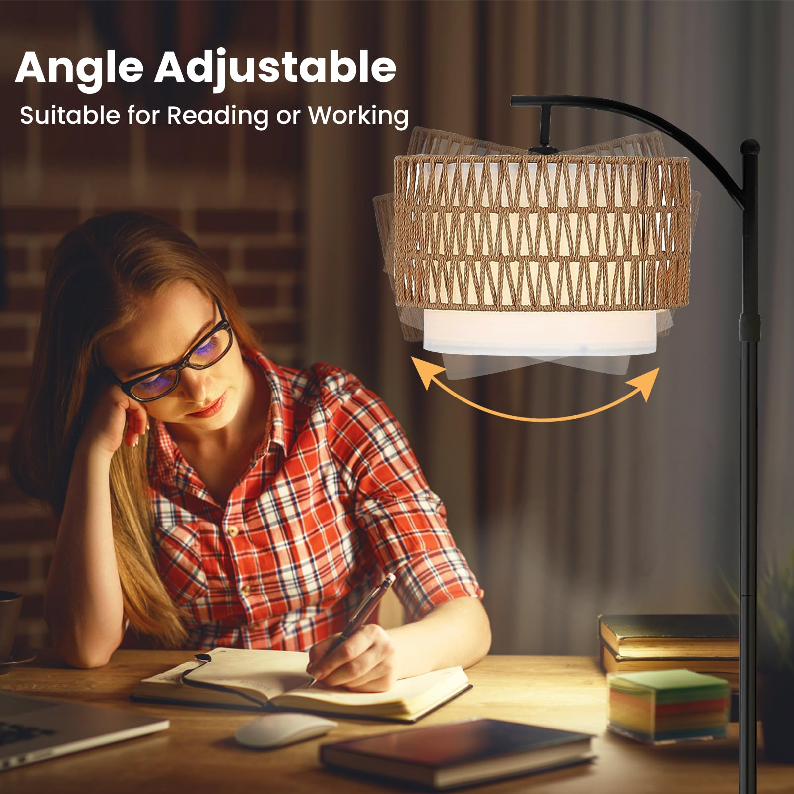 Yusist Arc Floor Lamp For Living Room,Farmhouse Floor Lamps With Remote Control & Dimmable Bulb,Rattan Boho Tall Standing Lamp F