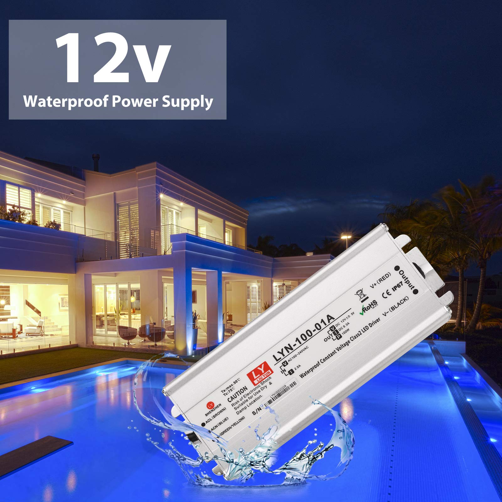 LY LIU YUN LED Driver 100W, 110V AC to 12V DC, IP67 Waterproof, 3-Pin Plug for Indoor/Outdoor LED Light Bars