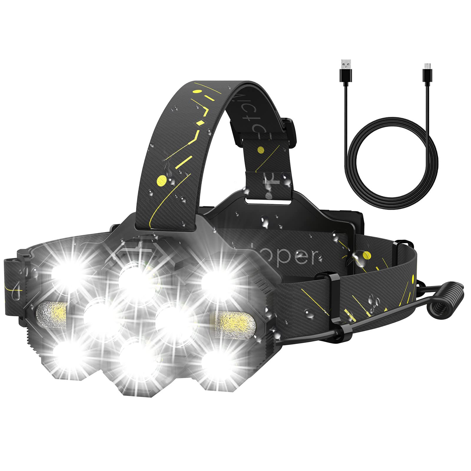 Victoper Headlamp, 22000 Lumen, 10 LEDs, 8+2 Modes, Waterproof, Black, Model V10000