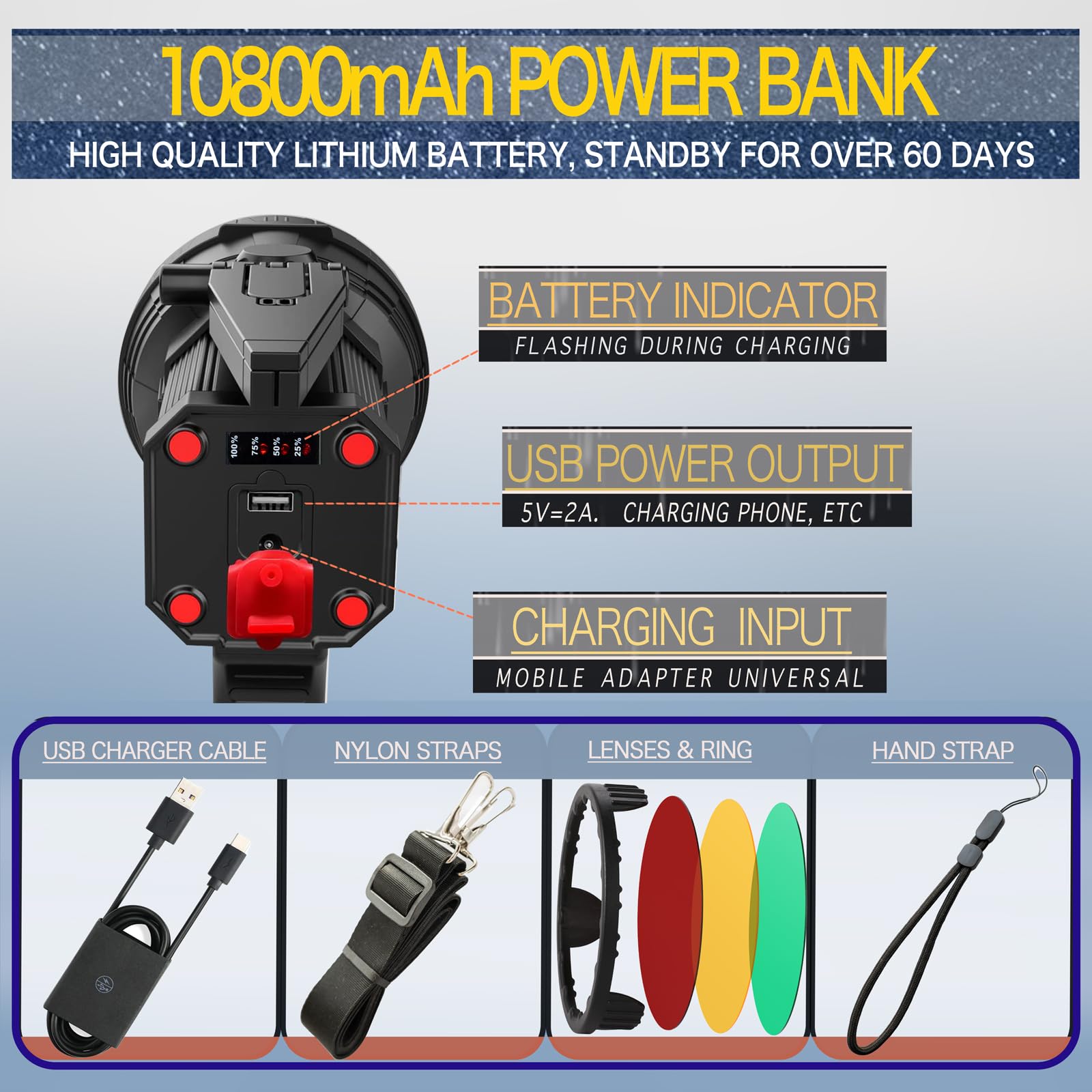 BIGSUN Rechargeable Q953 Spotlight - 120000 Lumens, 10000mAh Power Bank, 16 Hours Runtime, Three Filter Lenses, Plastic, Green/Yellow/Red
