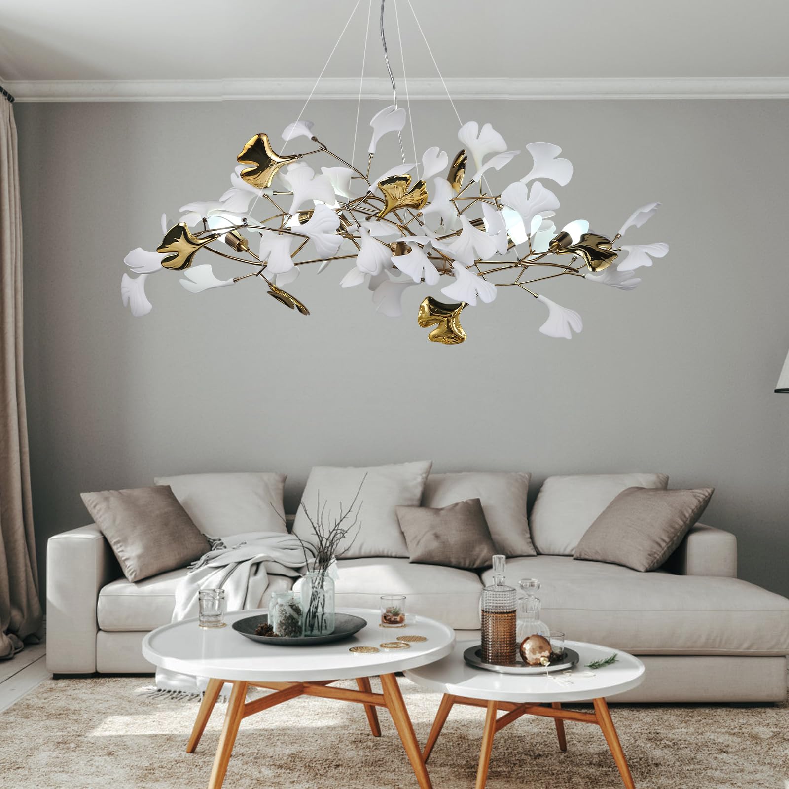 GREMLBUK Modern Tree Branch Chandelier for Dining Room  L39inch Ginkgo Leaf Chandeliers Brass Rectangle Chandelier Large Elegant Hanging Lights Fixture for Living Room Kitchen Island  5-Light