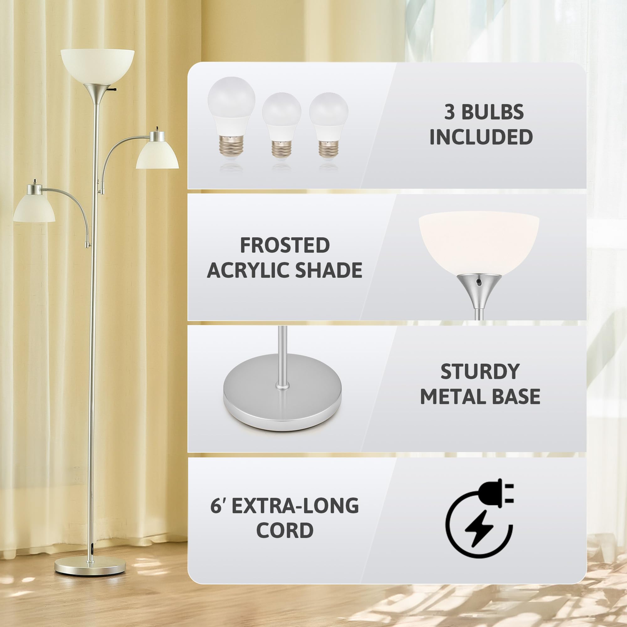 Vonluce 71'' Floor Lamp For Living Room With 3 Bulbs, Standing Lamp With Adjustable Reading Light, Modern Torchiere Floor Lamp W