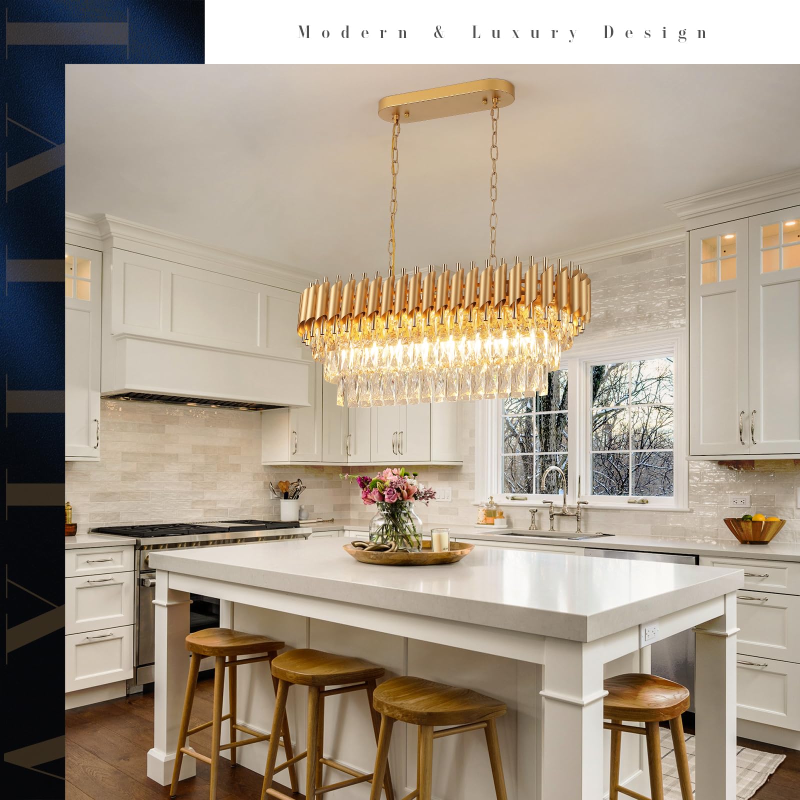 A AXILIXI 8-Light Modern Rectangular Chandelier, 32" Gold Crystal Pendant Light for Dining Room & Kitchen Island, Model 8801