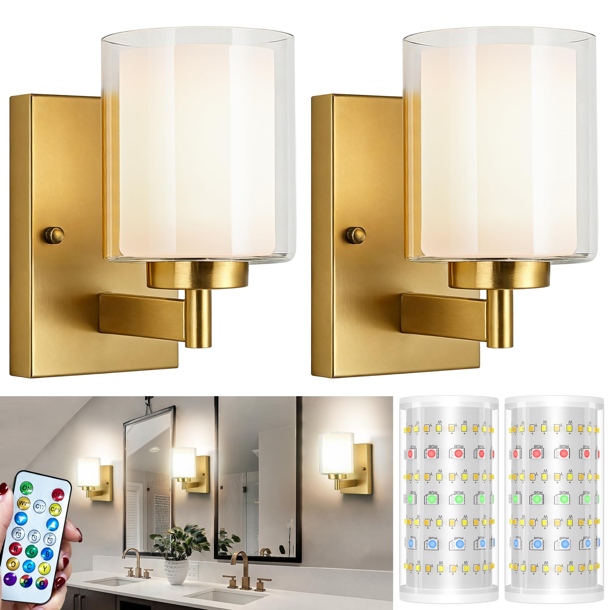 andachetg Battery Operated Wall Sconce Set of 2, 10000mAh Wireless Rechargeable Wall Sconce with Remote Control, RGB Dimmable Ba