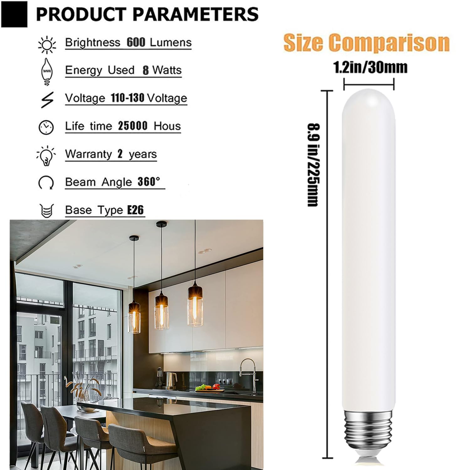 Leools LED Light Bulb 8W Dimmable E26 Base 2700K Warm White 8.9inch T10 Matt Opal Glass, 600LM, 60W Equivalent