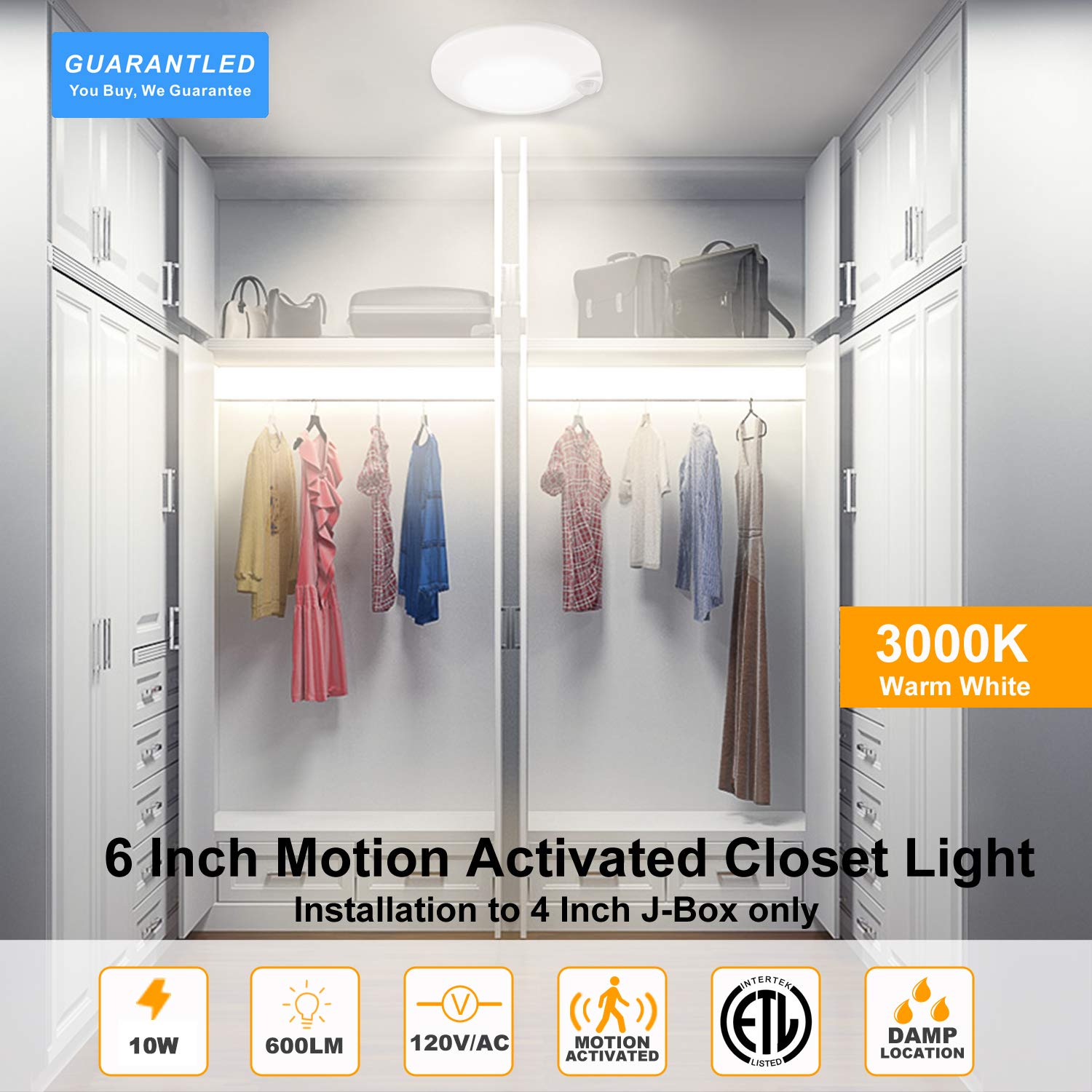 Guarantled Motion Sensor Led Closet Lights, 3000K Warm White, Indoor Ceiling Mount, 4 Pack