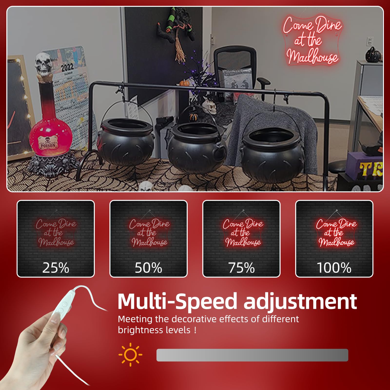 Faxfsign Come Dine At The Madhouse Neon Sign Restaurant Neon Signs For Wall Decor Red Led Night Light For Home Bar Gothic Halloween Horror Party Club Man Cave Decoration