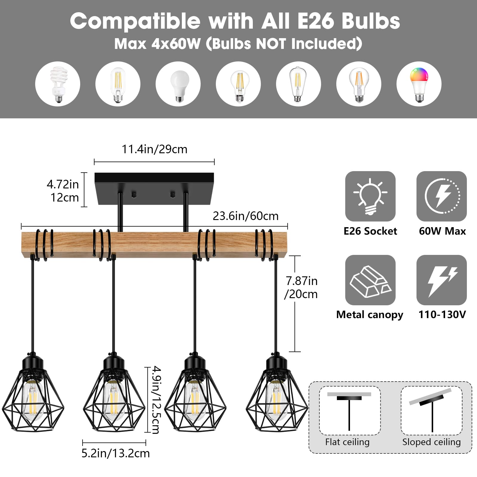 Feanron 4-Lights Farmhouse Wood Kitchen Island Lighting  23.6 Dining Room Light Fixtures Chandelier Over Table  Rustic Black Cage Pendant Lights Ceiling Hanging For Pool Table  Living Room  Hallway