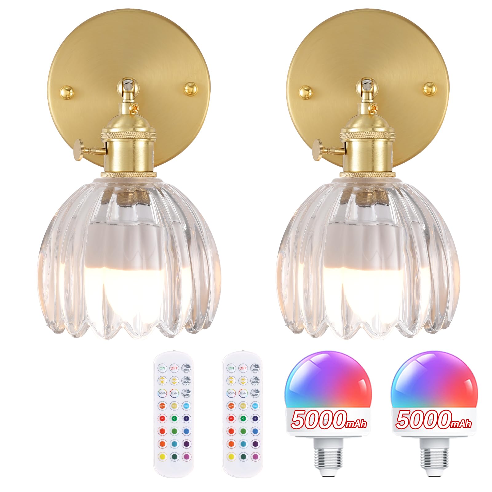 Shenmoyl Vintage Wall Sconce, Battery Operated, 5000 mAh, Remote Control, Tulip Clear Glass, Set of 2