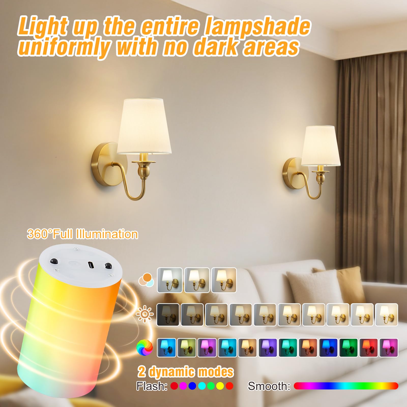 Nuanshued Battery Operated Wall Sconces - 2 Pack, Gold, Dimmable LED with Remote, 10000mAh Bulb, Model BL0050