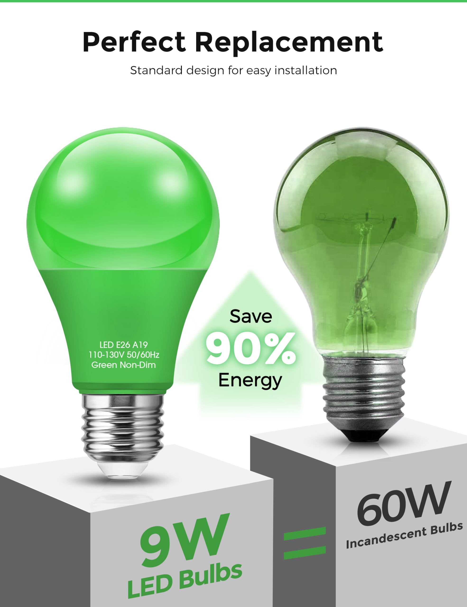 Doresshop Green Light Bulbs  9W (60 Watt Equivalent) - E26 Base Led Bulb  720Lm Green Bulbs Outdoor For Halloween Christmas Party Decoration  Porch  Home  Holiday Lighting  Non-Dimmable  2 Pack