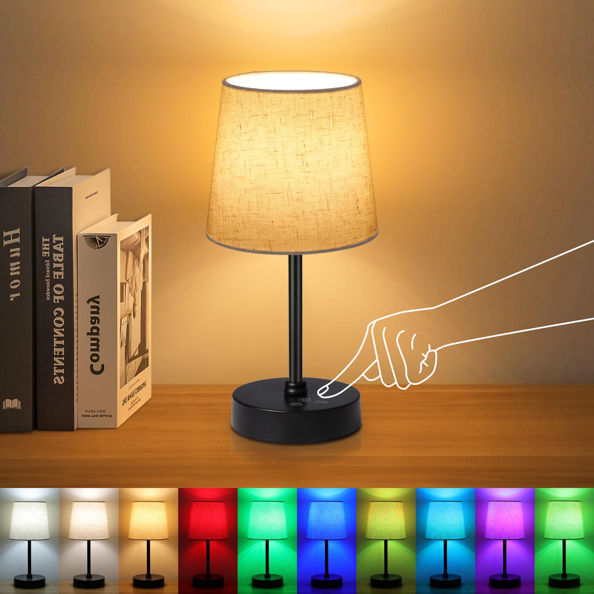 Ascher Small Cordless Table Lamp, Built-in Rechargeable Battery, RGB, 3 CCT, Dimmable Portable Bedside Night Lamp, Cream Shade A